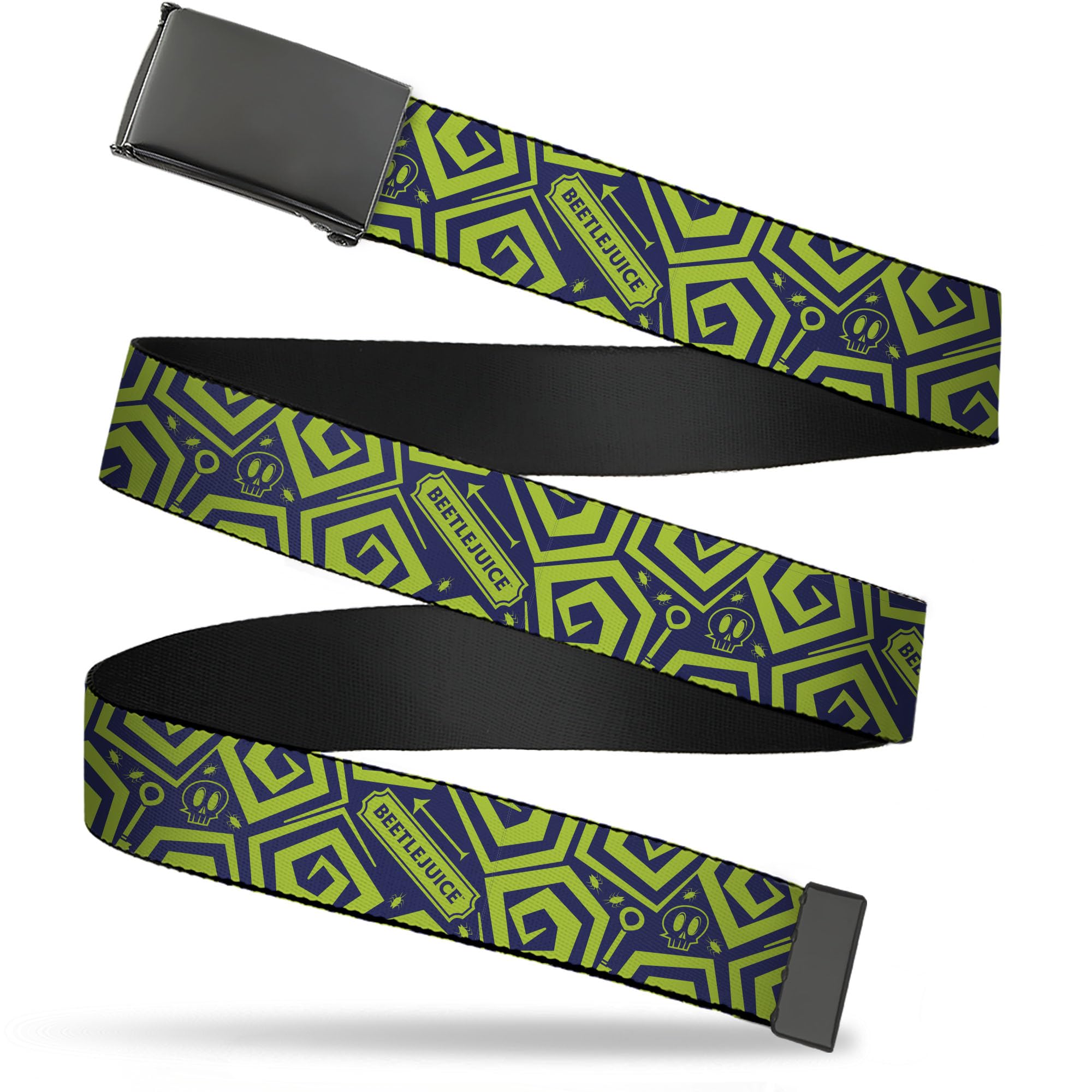 Beetlejuice Belt, Flip Web Belt Beetlejuice Title and Icons Collage Blue Green