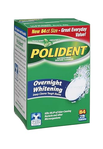 Polident Overnight - Tabletas limpiadoras antibacterianas de triple frescura de menta blanqueadora 84 unidades