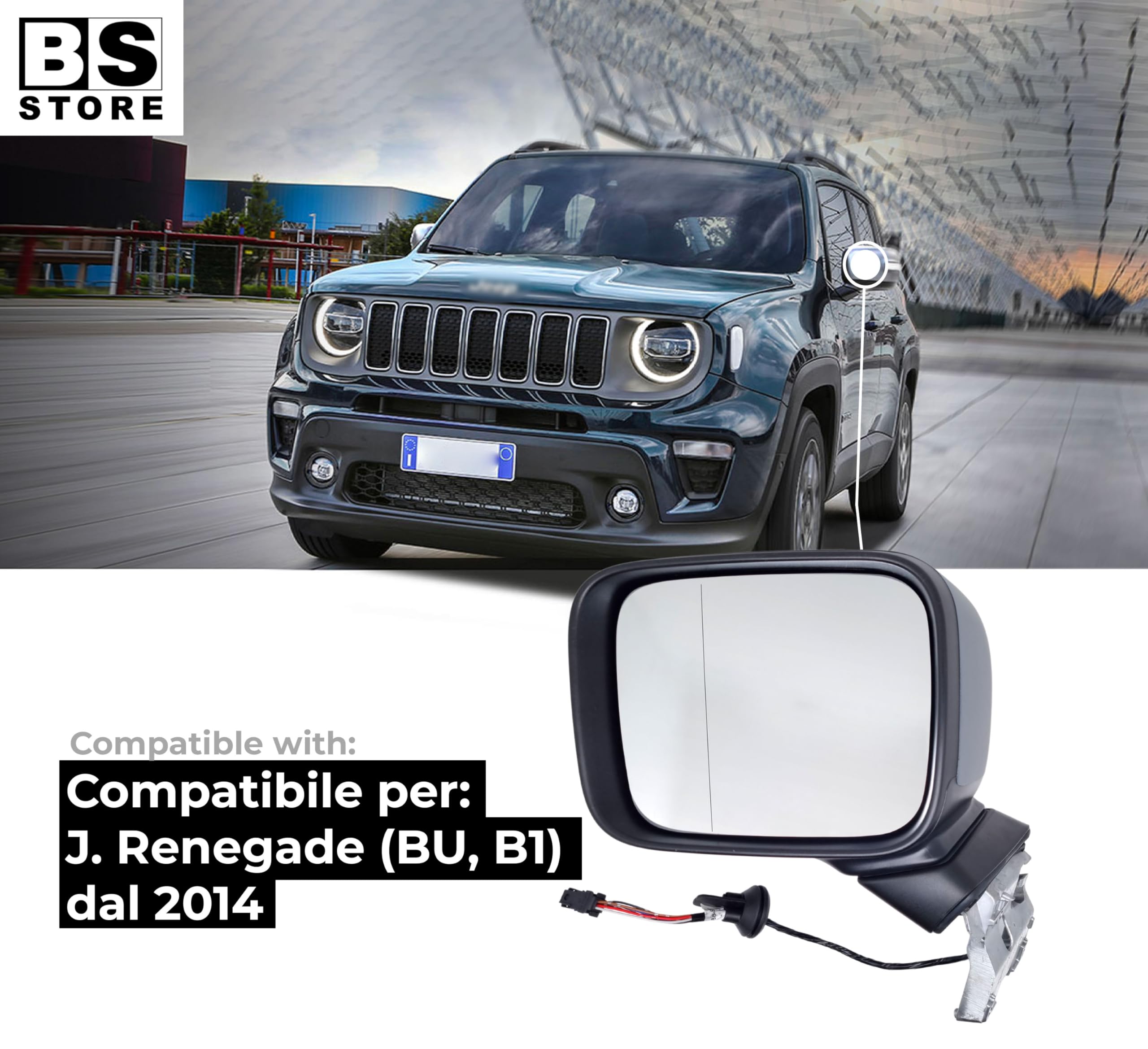 BSSTORE Specchietto Retrovisore da Verniciare per RENEGADE (BU, B1) dal 2014 in poi | Elettrico Termico (Sinistra - Lato Conducente)