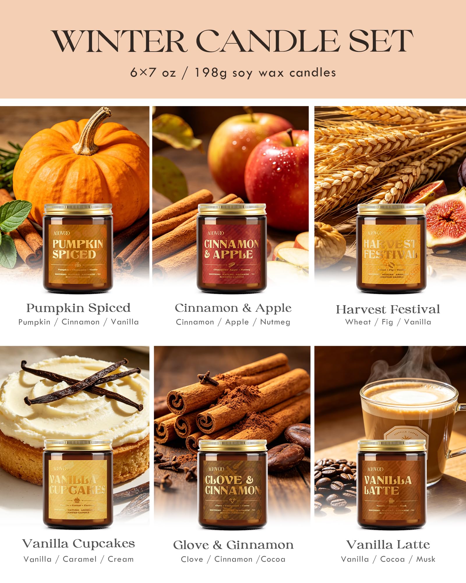 AOOVOO Duftkerze herbst geschenkset 6 er Kerzen im glas für Innenbereich | Sojawachskerzen für Zuhause/fraue/männer , Kürbiskuchen gewürz/zimt/vanille Cupcake/erntefest/nelkenzimt/vanille latte