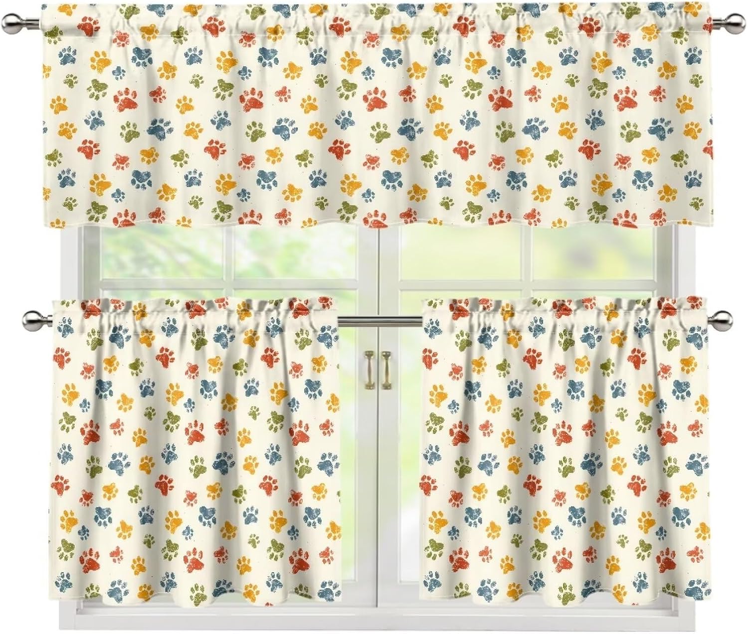 Colorful Paws Curtain for Kitchen Bathroom Washable Curtain Sets for Living Room Rod Pocket Window Treatment 3 Piece Set Curtains Valance for Home