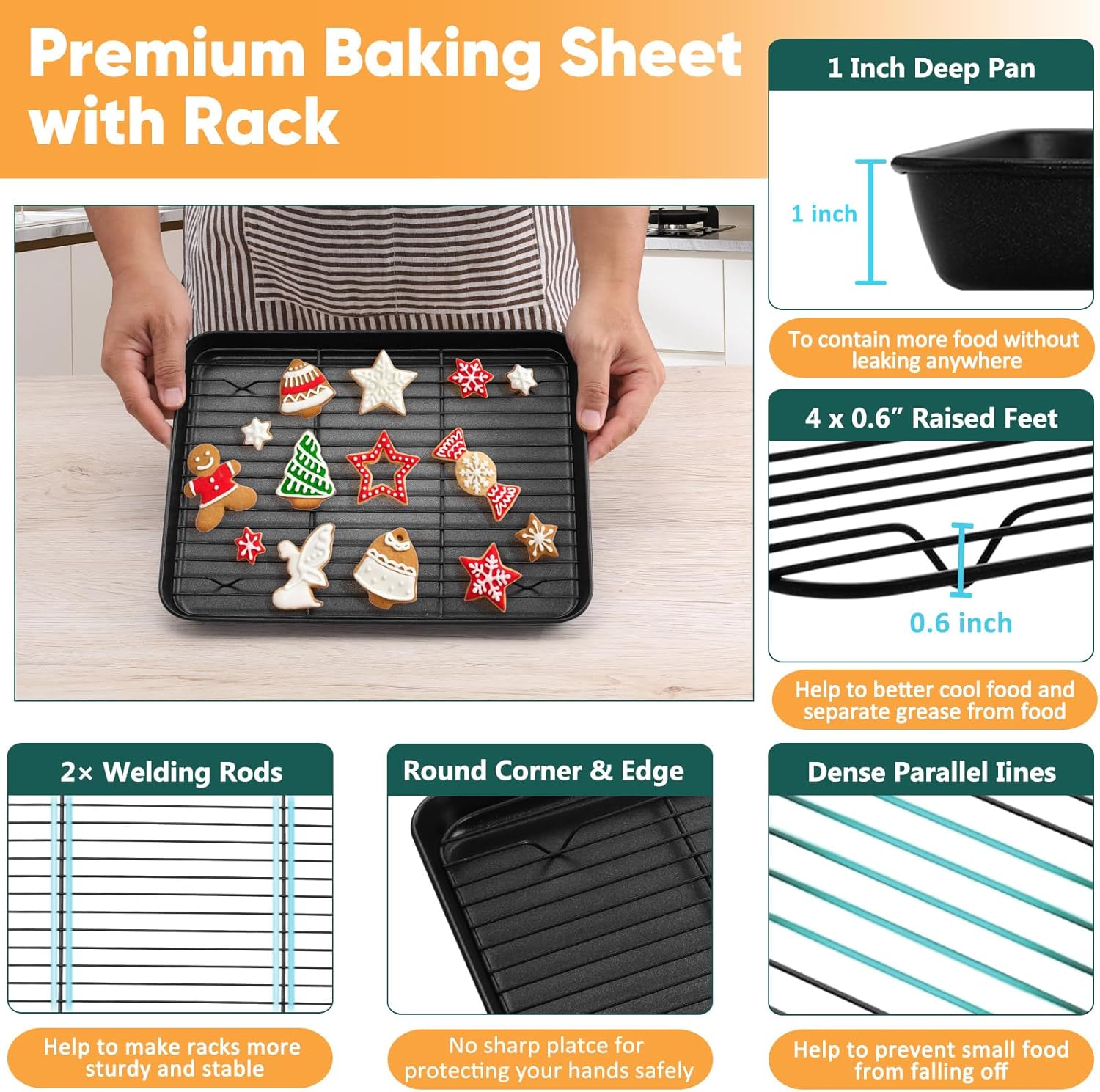 P&P CHEF Baking Oven Sheet Pan with Rack for Cookie, Nonstick Oven Tray and Cooling Rack for Baking & Roasting, Easy Clean, Black, 12.4 x 9.7 Inch - Image 3