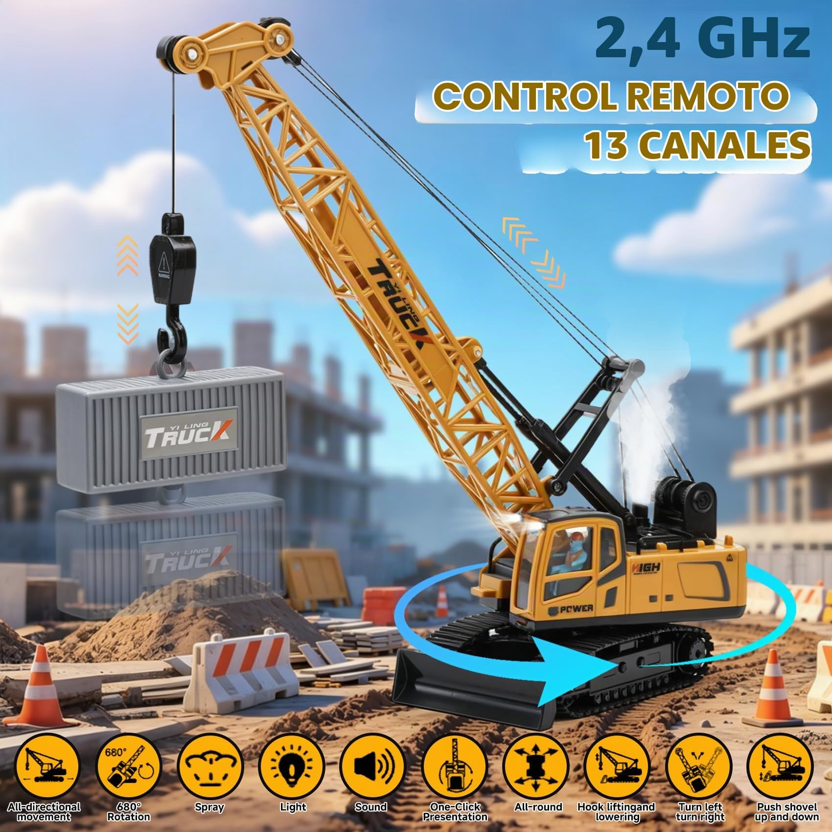 Gran Grúa Teledirigida de 13 Canales, 39cm, 2.4G, 680° Rotación, Grúa sobre Orugas con Luces, Sonido y Pulverización – Batería Recargable, USB – Regalo para Niños Desde 6 Años