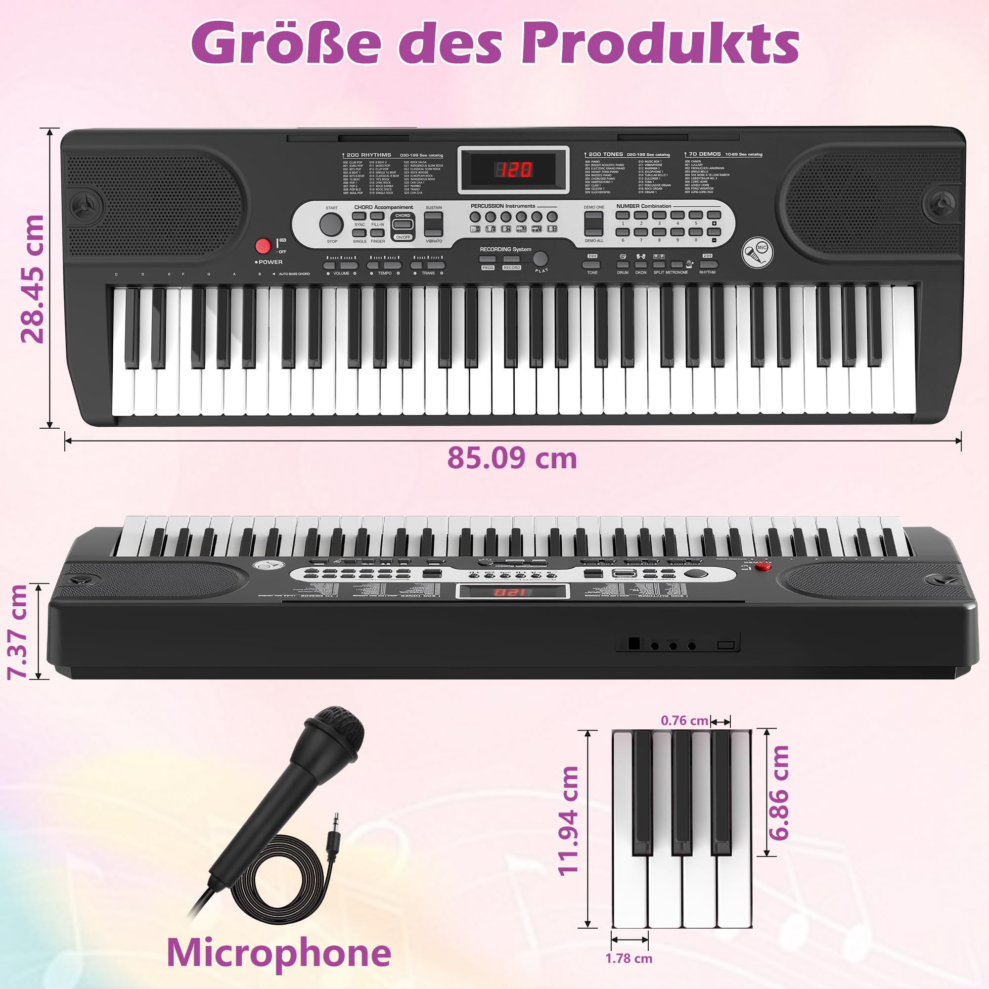 61 Tasten Keyboard Piano für Kinder & Anfänger, Klavier Set mit Mikrofon & Notenablage, Lern-Keyboard Geschenk ab 7 Jahre, Digital Piano Klavierunterricht Lern-Keyboard Geschenk, Schwarz