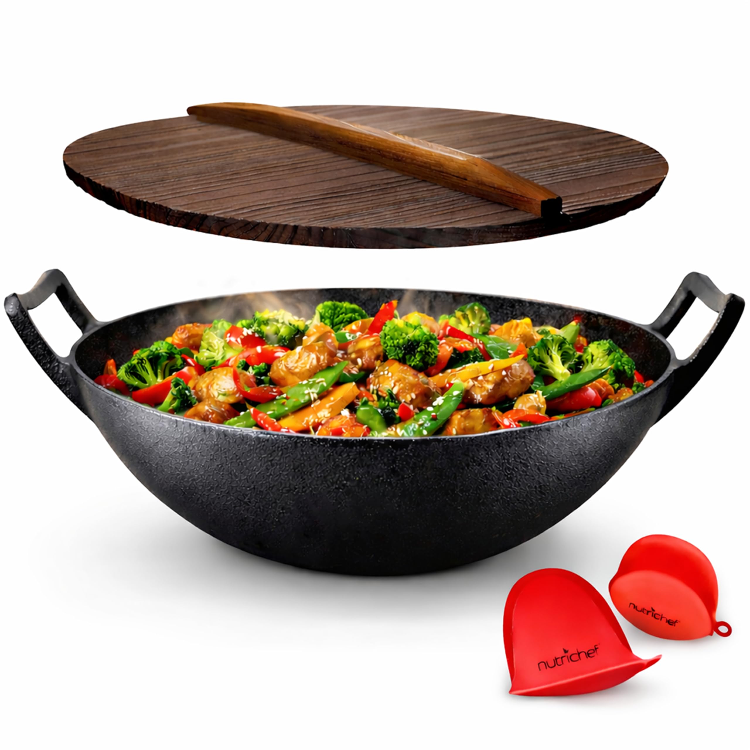 NutriChef Padella in Ghisa Pre-Stagionata da 5,5 Litri - Wok Antiaderente con Coperchio in Legno, per Piano Cottura Elettrico, Nero
