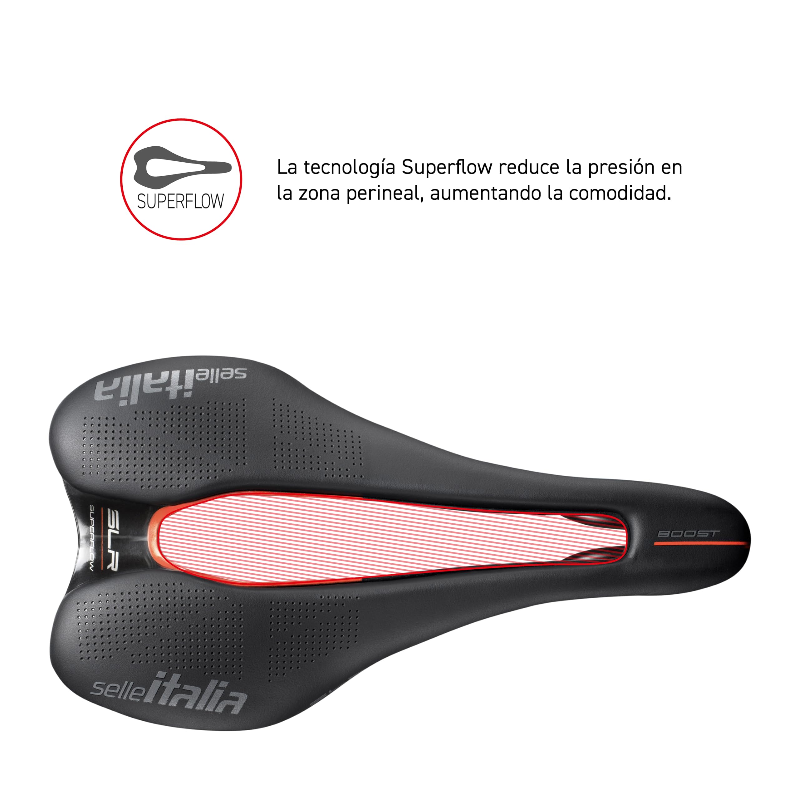 Selle Italia SLR Boost KC Manganese Superflow - Sillín Bicicleta Clásico SLR, Gel Cómodo, Carretera, Agujero Superflow - Talla L3, Negro/Rojo