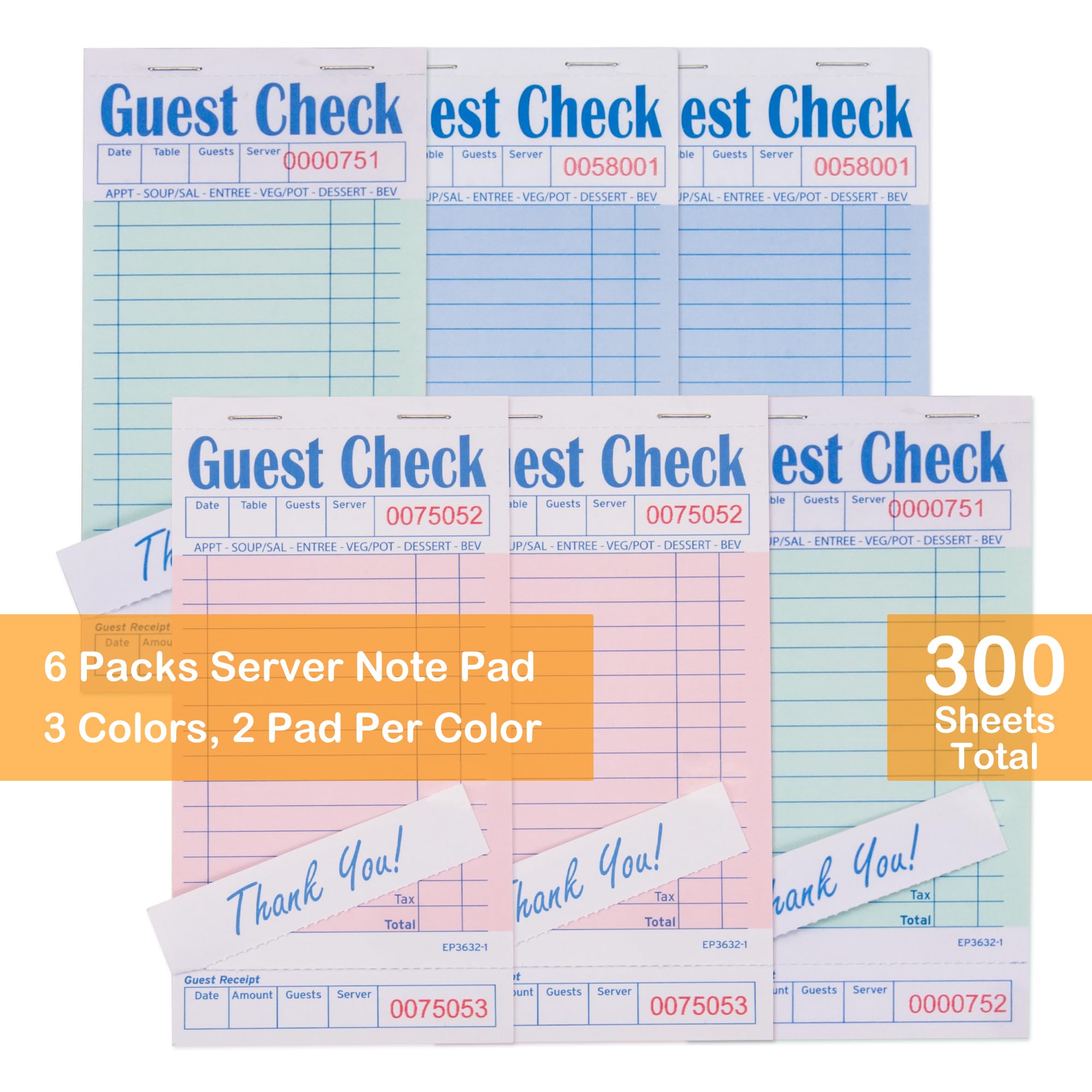 DGBDPACK Guest Checks Notizblöcke, 6 Stück, 300 Blatt, dickes Papier, 3 verschiedene Farben, 8,9 x 17,5 cm (EP-3632-1)