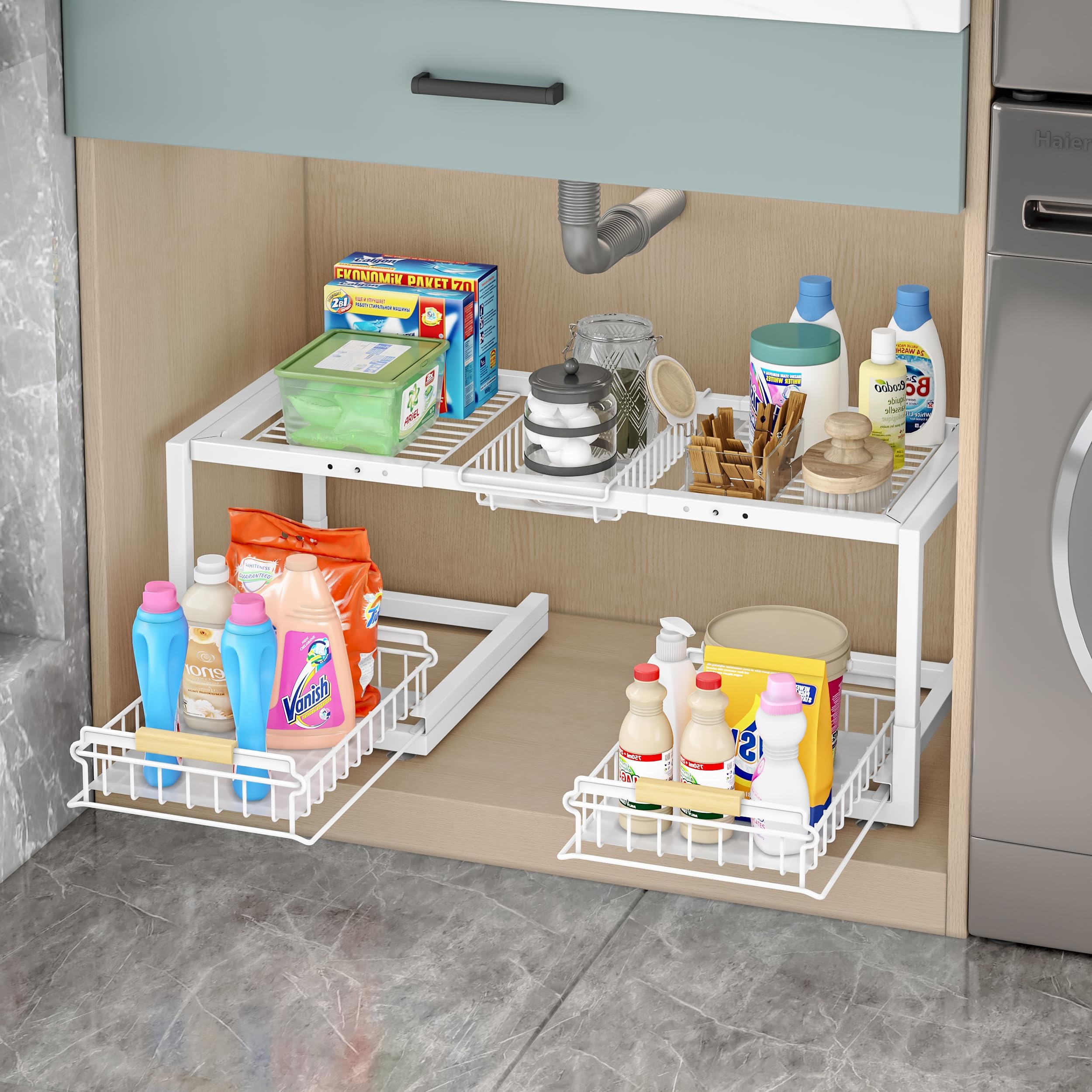 INGIORDAR Organizadores para debajo del fregadero, organizador extraíble de 2 niveles para debajo del gabinete, estante deslizante para fregadero, estantes de almacenamiento para cocina, baño (blanco
