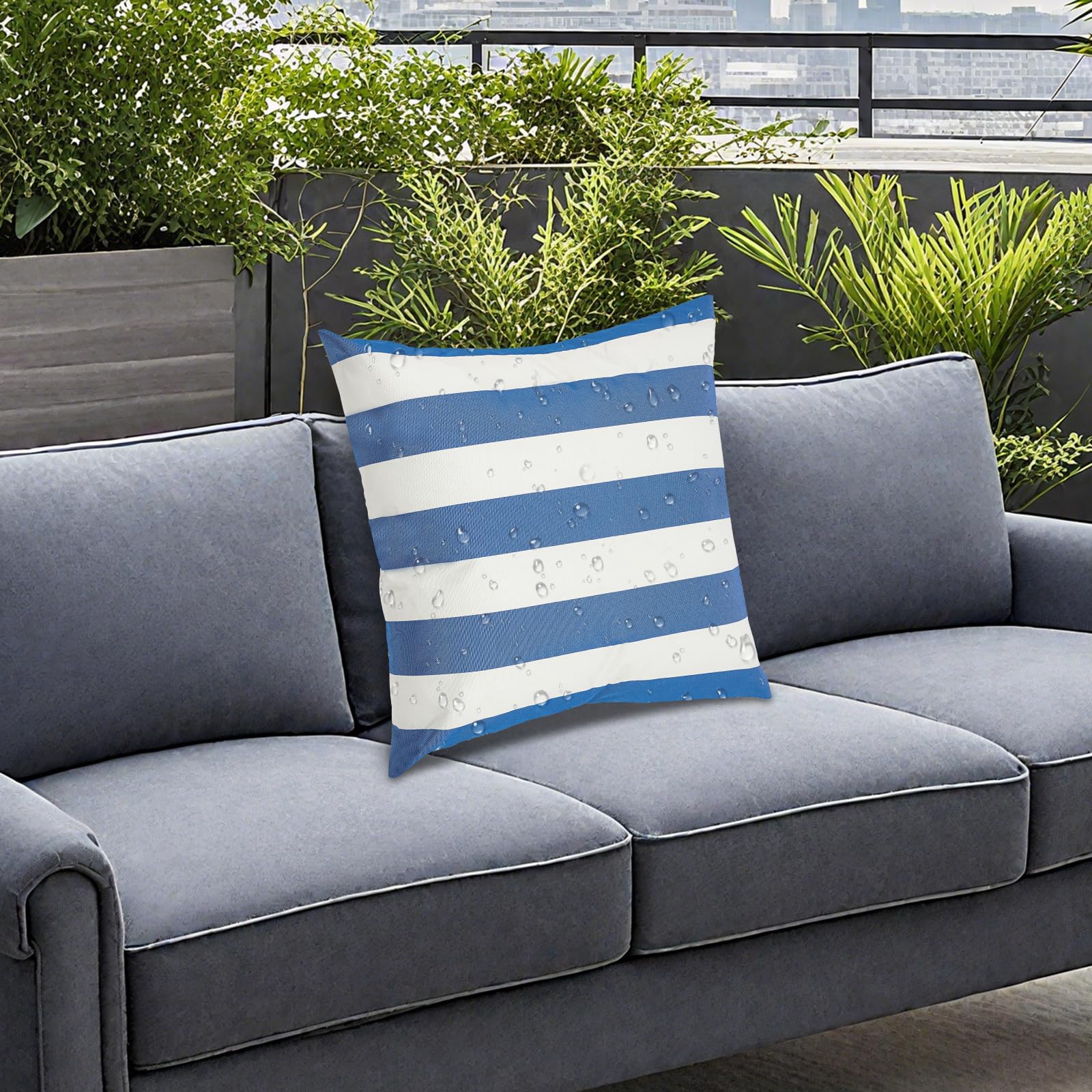 Outdoor Kissen wasserdichte Kissenfüllung Sofakissen 45x45cm, Streifenmuster, Unsichtbarer Reißverschluss für Garten, Balkon, Sofa und Strand (Blau, Weiß)