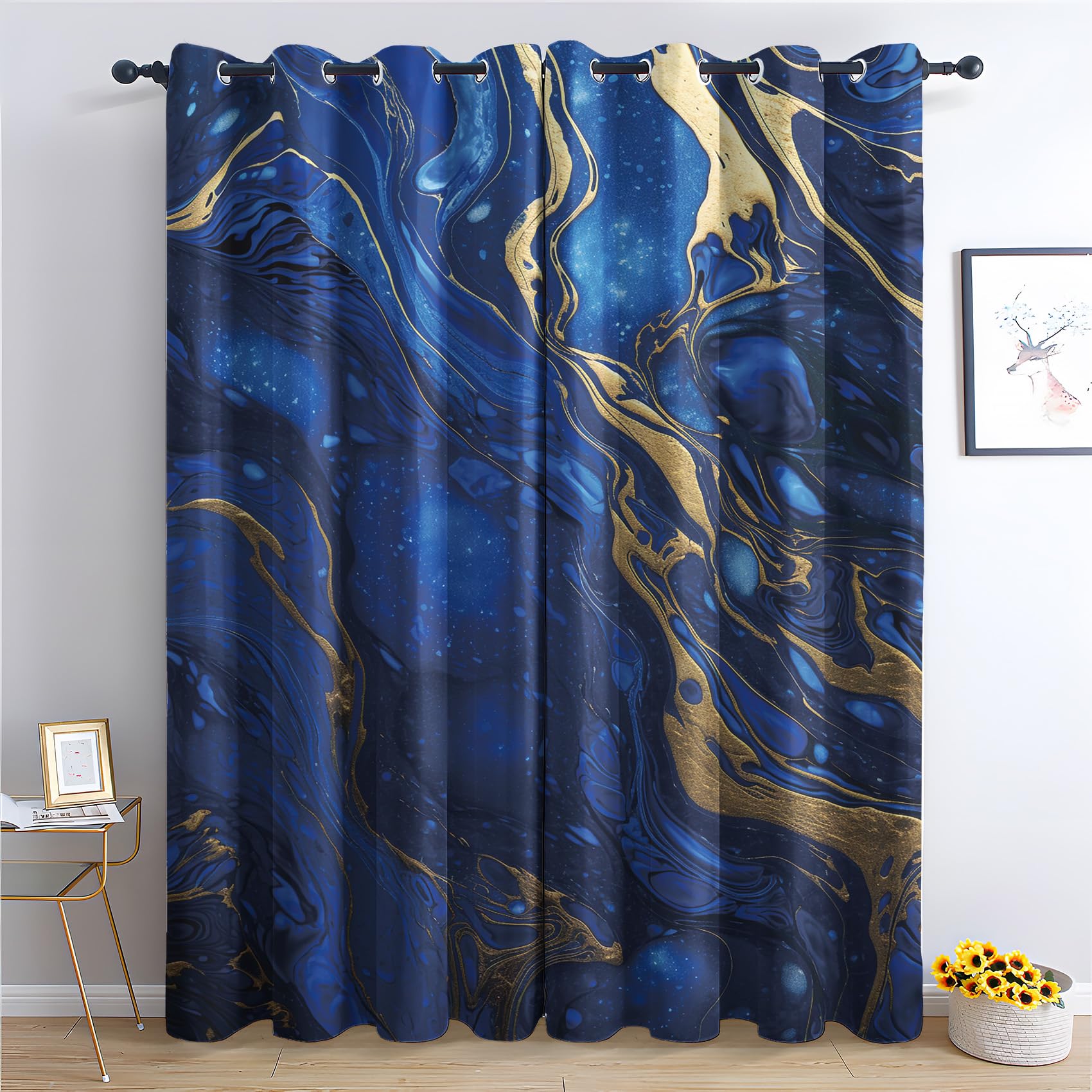 Marble Curtains for Bedroom Living Room - Navy Blue and Gold Blackout Curtains 54 x 90 Inch (Width x Drop), Thermal Insulated Eyelet Curtains & Drapes, Patterned Window Treatments B&-30