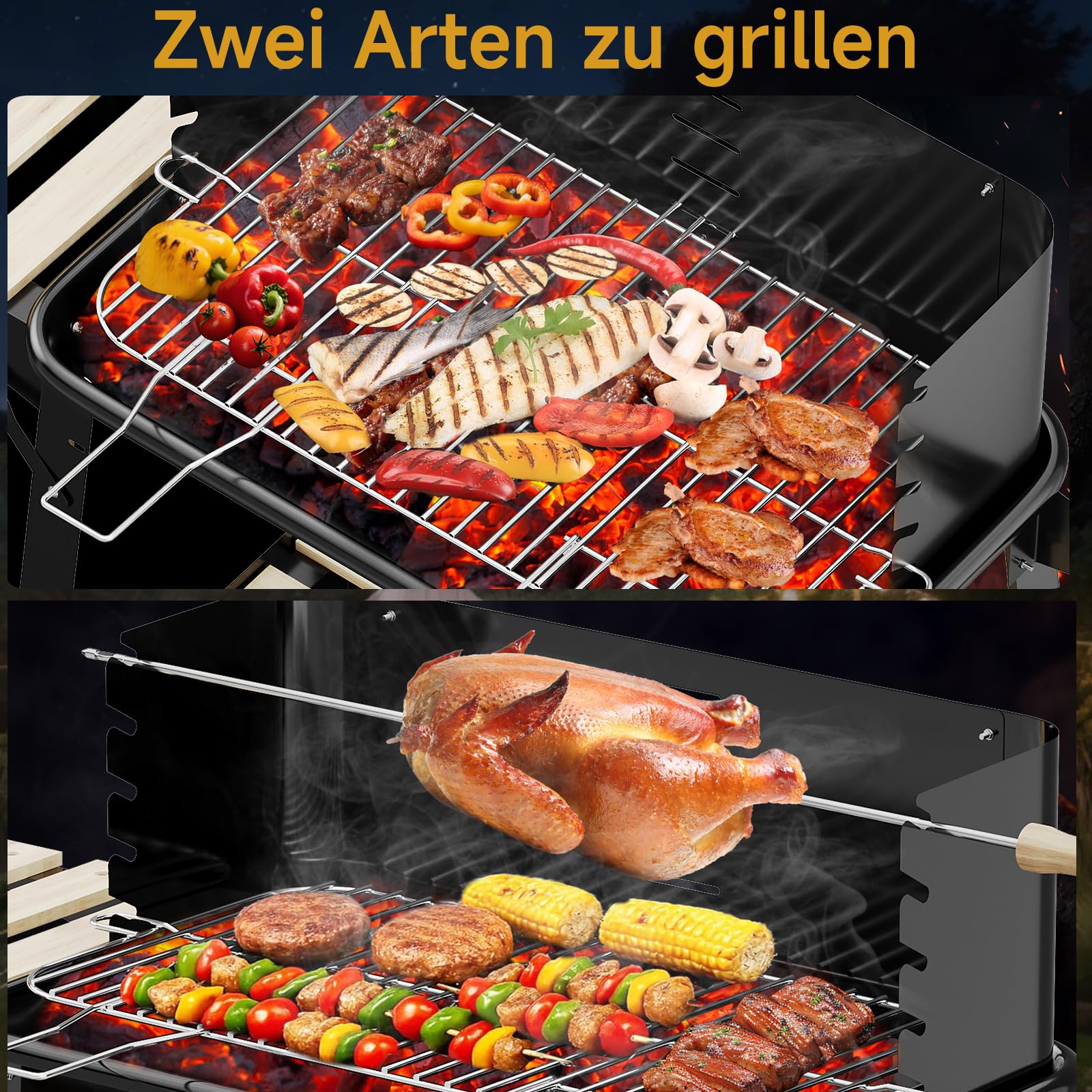 HOMELUX Grill na węgiel drzewny, 84 x 39 x 97 cm, grill stojący, ruszt do grillowania z kółkami i półką na drewno, idealny na piknik, do ogrodu, na kemping