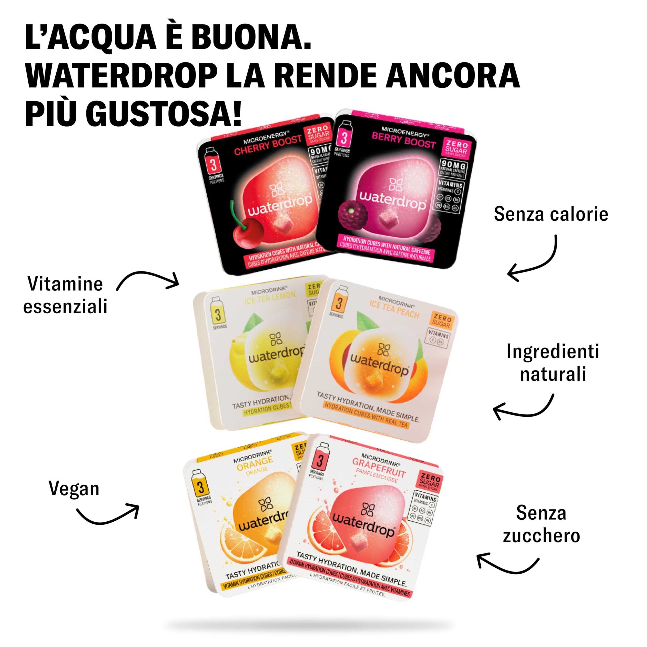 waterdrop® Bottiglie Vetro 600ml con 18 Drops senza zucchero - idee regalo donna - Pacchetto degustazione con Borraccia e 6 gusti aromatizzanti per acqua, senza zuccheri - Cofanetto regalo donna