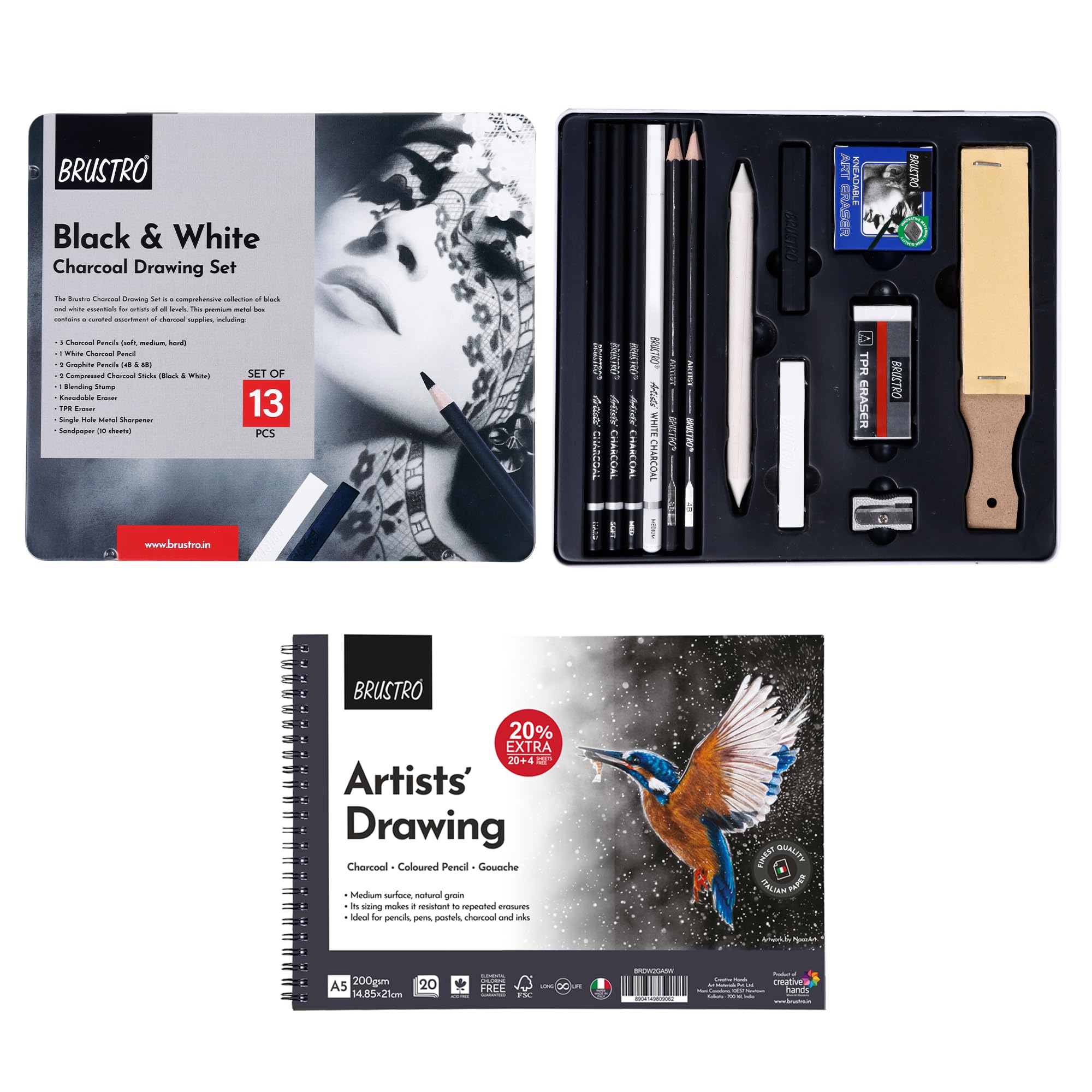 BRUSTRO Black White Charcoal Set of 13 Pcs in a Metal Box With Artist's Drawing Wiro Pad, 200 GSM, A5, 24 Sheets | Ideal For Sketching, Shading, Portrait,Landscape,Fine Art and Professionals