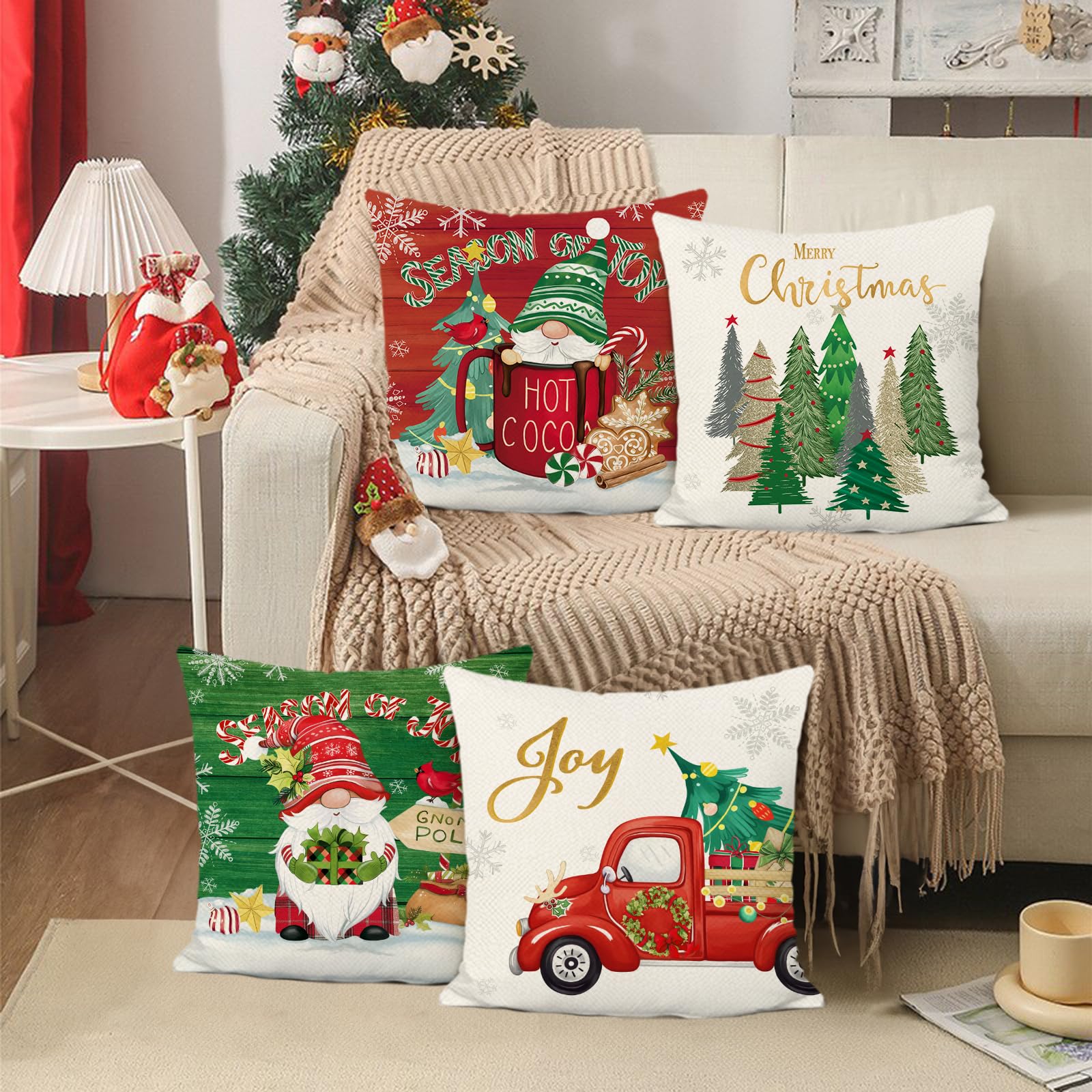 Bonhause Grey Merry Christmas Cushion Covers 45 x 45 cm Joy Gnomes Snowflakes Snowman Decorative Throw Pillow Covers for Sofa Bed Home Winter Holiday Decor Set of 4 - Image 3