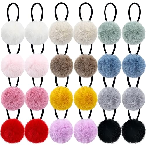Miniatura 1 de Lawie Paquete de 24 lazos para el pelo con pompones peludos de colores caramelo, coleteros elásticos con pompones para coleta, bolas de pelo