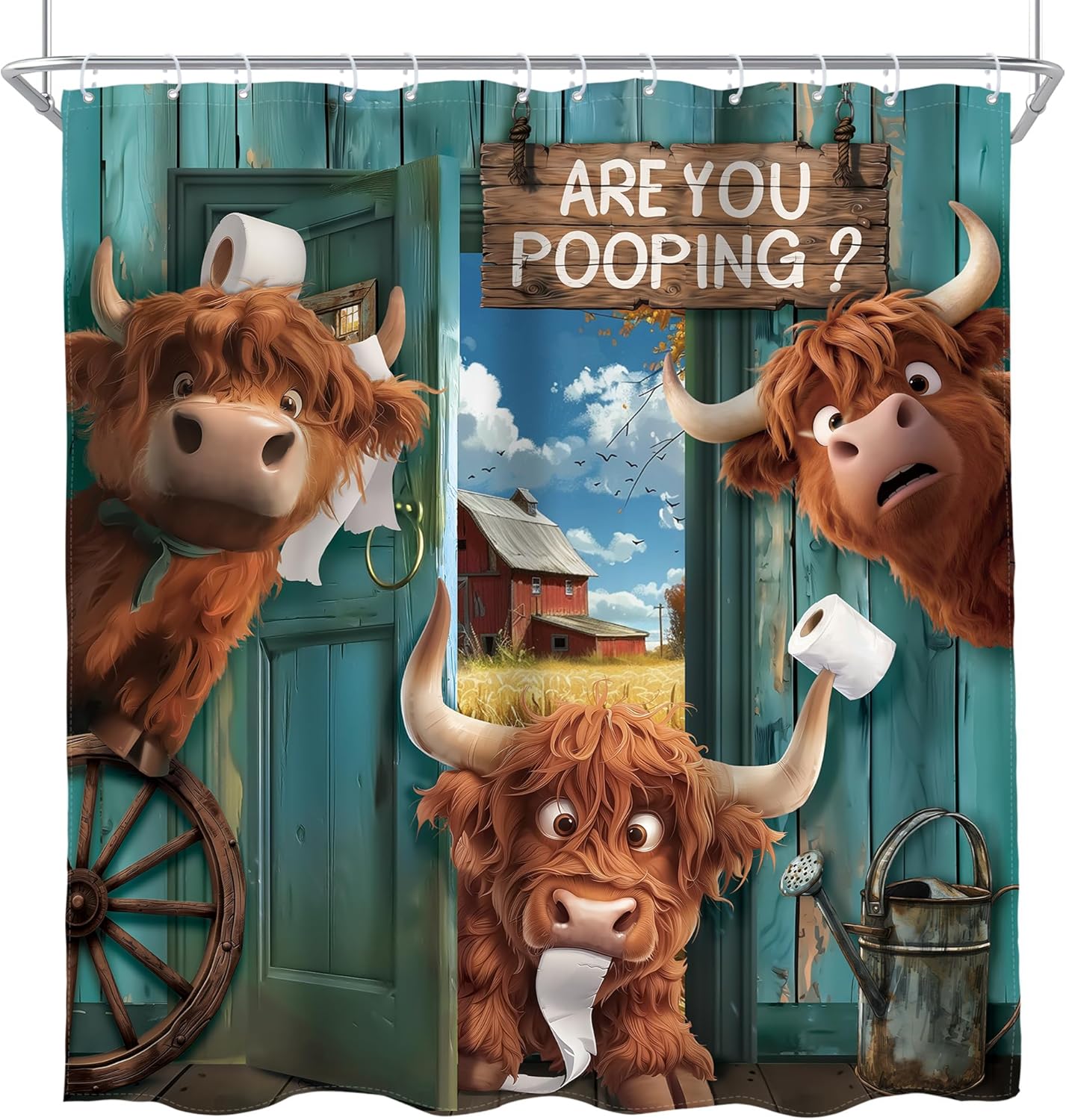 AMBZEK Extra Long Highland Cow Shower Curtain 72Wx84L Inch Vintage Retro Green Plank Door Rustic Cute Farmhouse Animal Artwork Cloth Fabric Waterproof Polyester Bathroom Decor Set with 12 Pack Hook