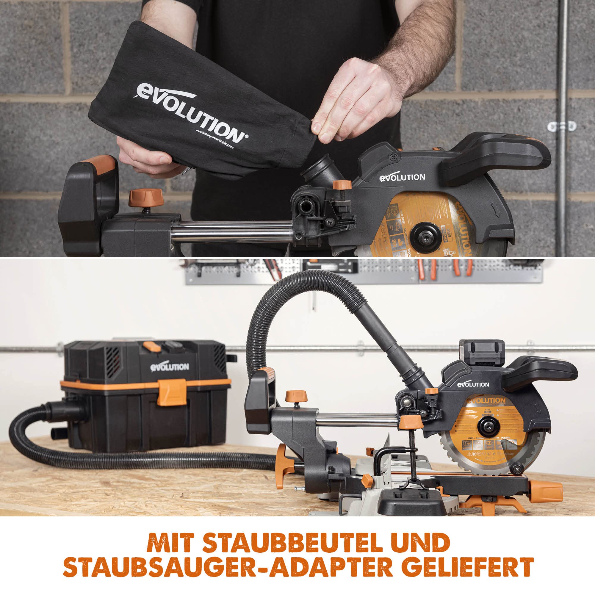 Evolution R185SMS-Li Akku-Gleitgehrungssäge mit Mehrzweck-Schneide, 45° Fasen-, 50° Gehrungsschnitte, 850 W – 4 Ah Akku & Ladegerät und 185 mm TCT-Sägeblatt im Lieferumfang enthalten, 3 Jahre Garantie