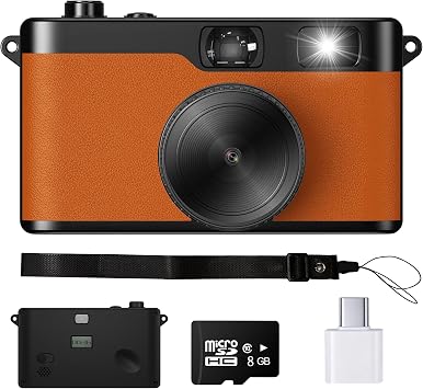 Screen-free Digital Camera, 16MP Retro Style Camera, 8GB SD CardOrange