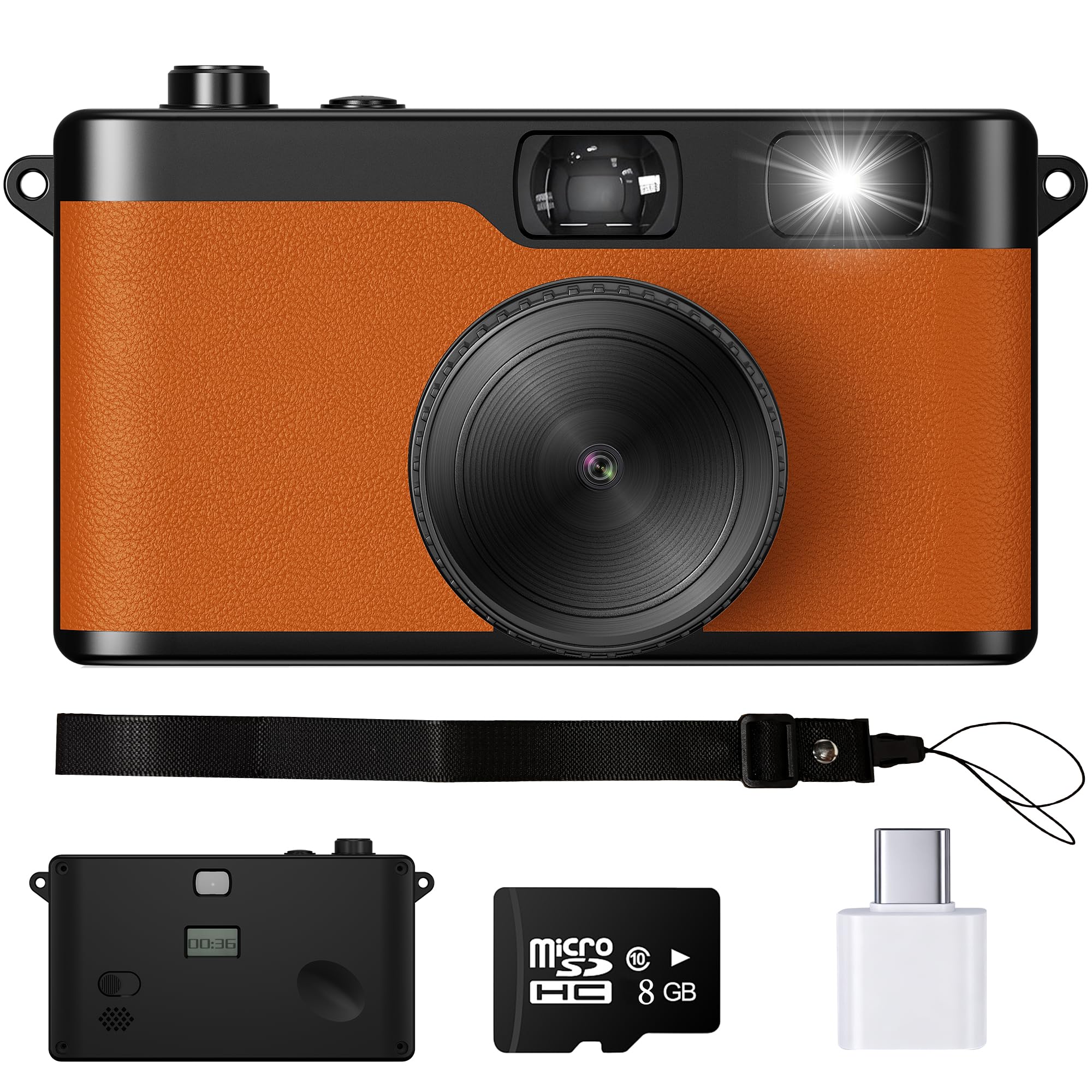 Screen-free Digital Camera, 16MP Retro Style Camera, 8GB SD Card(Orange)