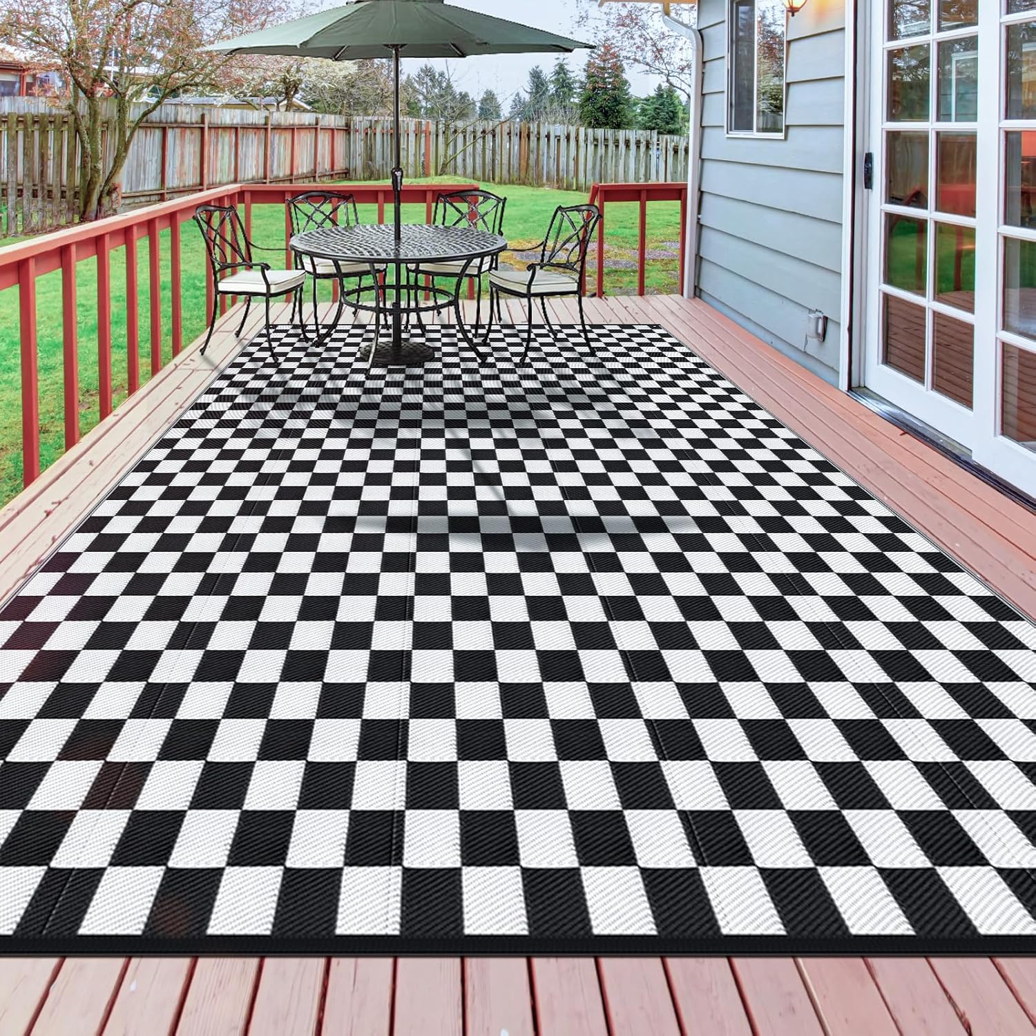 GOTGELIF 9x12FT Black and White Checkerboard Outdoor Rug, Reversible & Water-Resistance & Portable Plastic Straw Rug for Trip, Picnic, Camping, Outdoor, Garden, Patio
