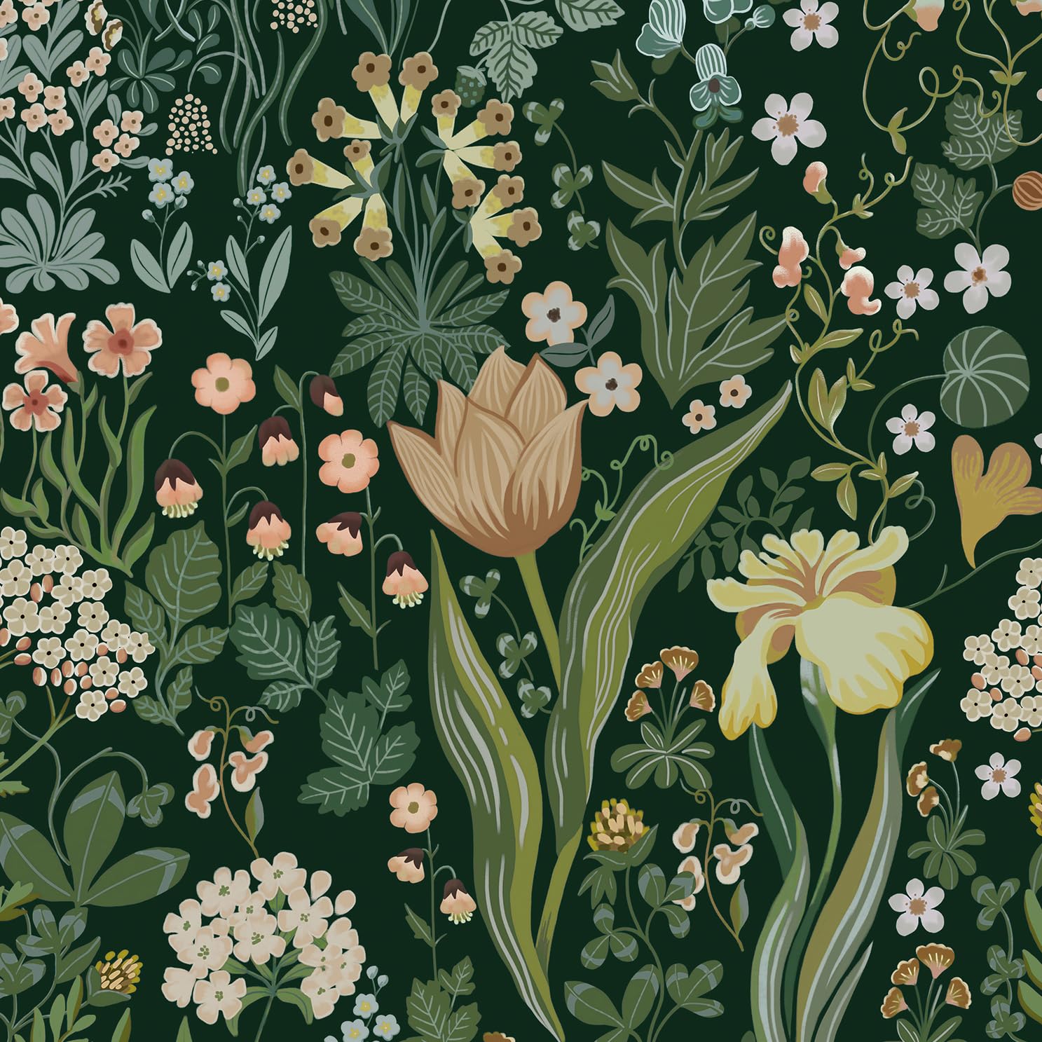 LiKiLiKi Selbstklebende Tapete Blumen 44x1000cm Grün Blumetapete Retro Blüten Blätter Motivtapeten Klebefolie Wandtapete Wasserdicht Möbelfolie für Schlafzimmer Wohnzimmer Küche