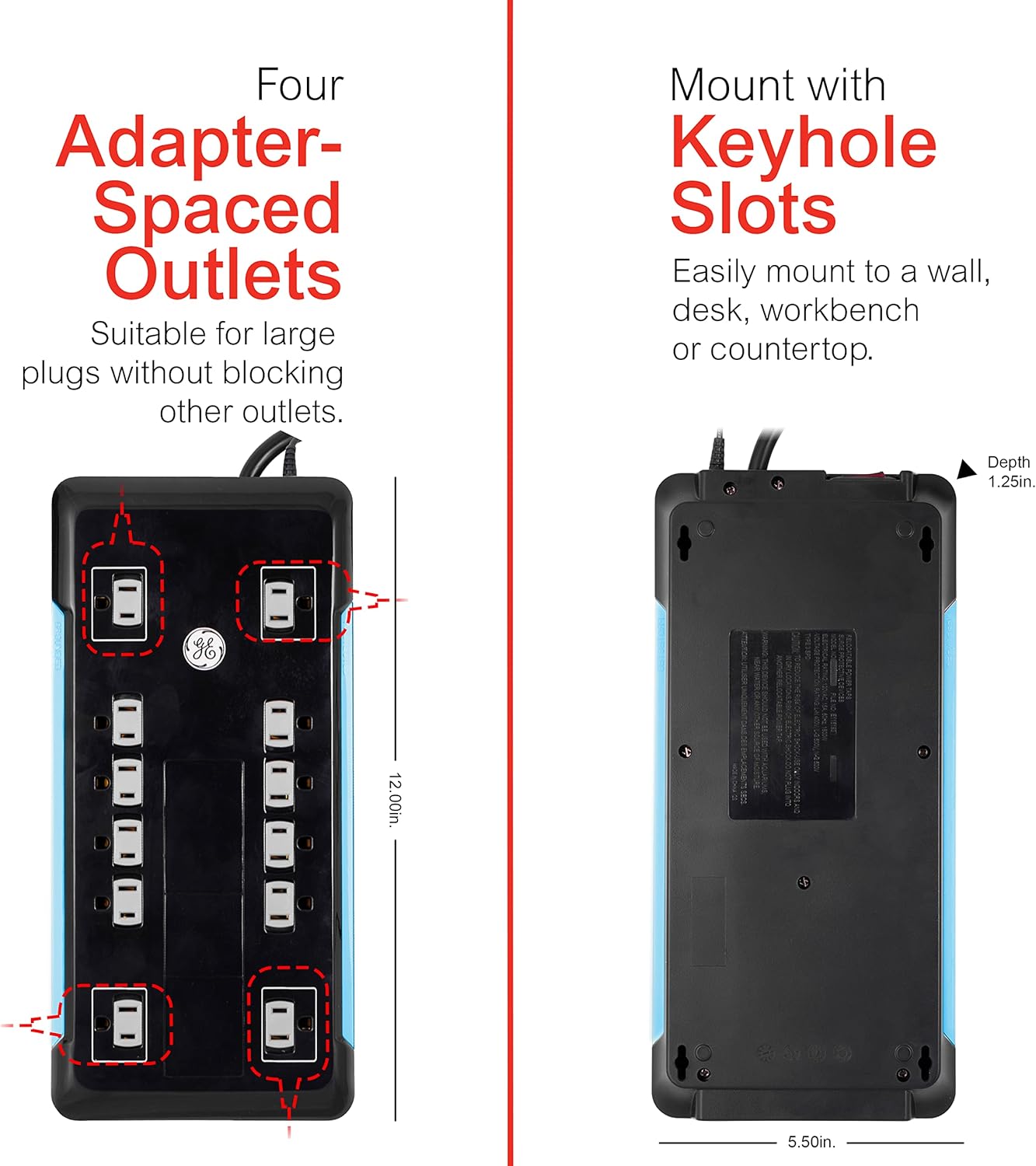 GE UltraPro 12 Outlet Surge Protector, Tethered 2 USB Ports, 8 Ft Power Cord, 4320 Joules, Flat Plug, Power Filter, Circuit Breaker, Warranty, UL Listed, Black, 11824 : Electronics