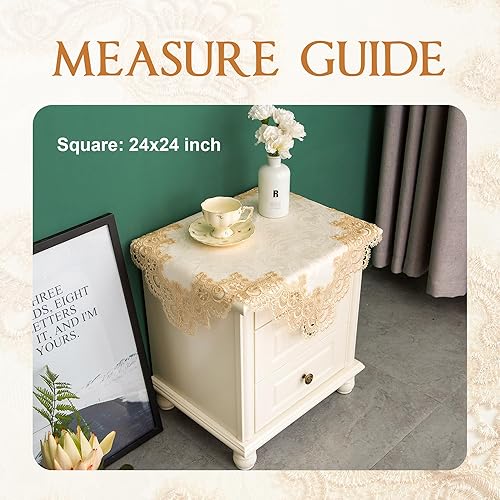 Miniatura 6 de mylacerhome Mantel cuadrado pequeño de encaje bordado de granja con borde de macramé, funda para mesa auxiliar para cómoda, junto a la mesa, mesita