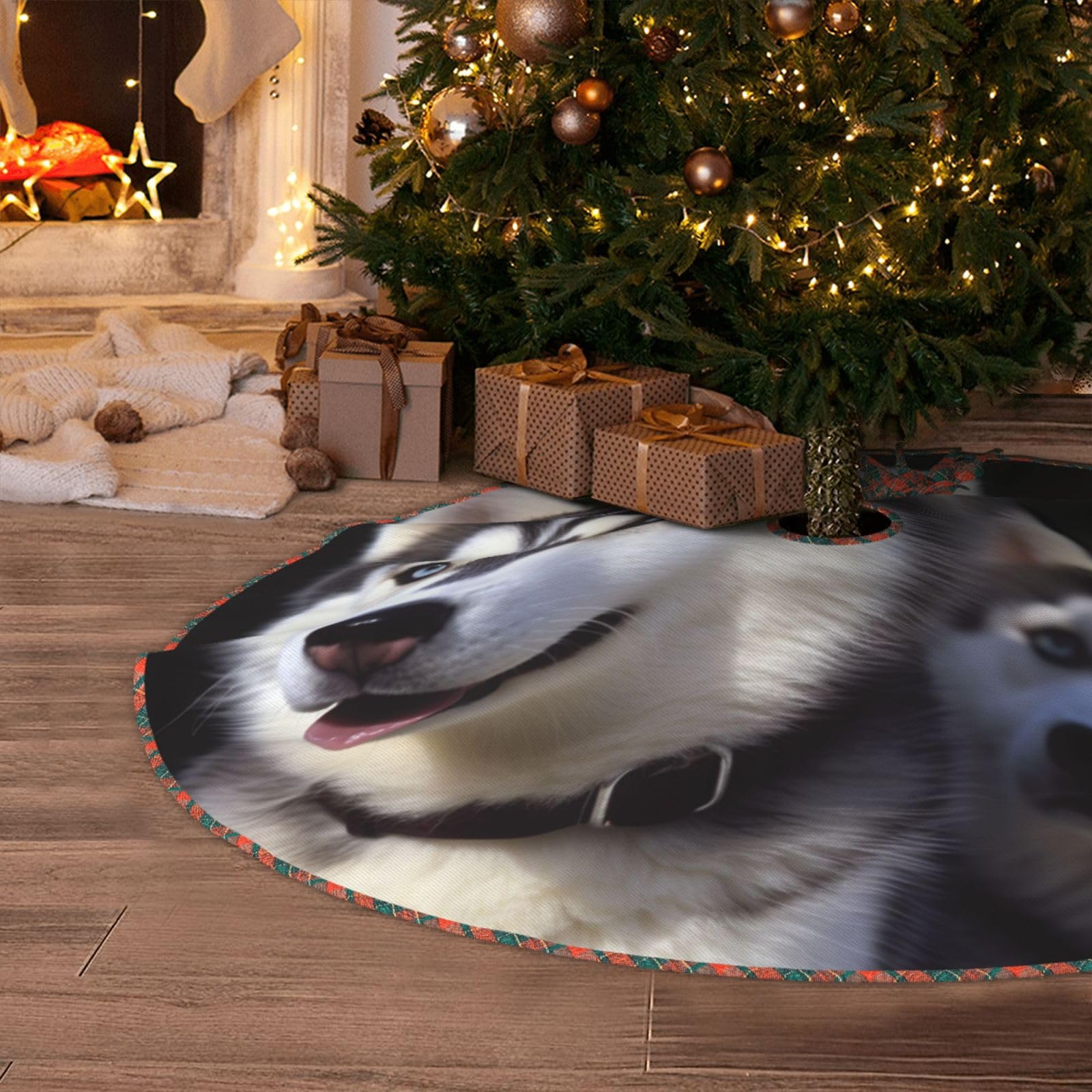 Husky Dog Christmas Tree Skirt 48" Artificial Tree Mat Cover Merry Christmas Burlap Xmas Tree Skirt for Christmas Decoration Holiday Indoor Outdoor Winter Party Decor
