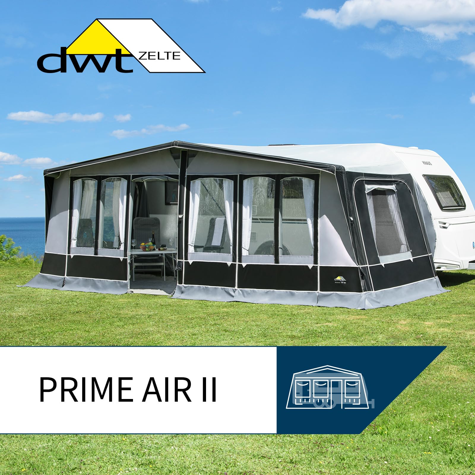 DWT aufblasbares Vorzelt für Wohnwagen - Prime Air II - herausnehmbare Vorder- und Seitenwände - Ganzzelt 240 cm Tiefe - Air-In-System