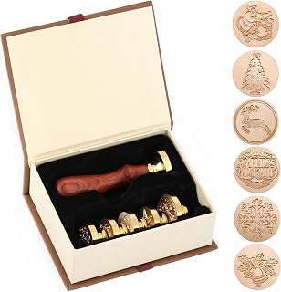 Wax Seal Stamp Set, Mornajina 6 Pcs Christmas Sealing Wax Stamps+1 Wooden Handle with Gift Box for Custom Invitations Letters Envelopes (Christmas #2)