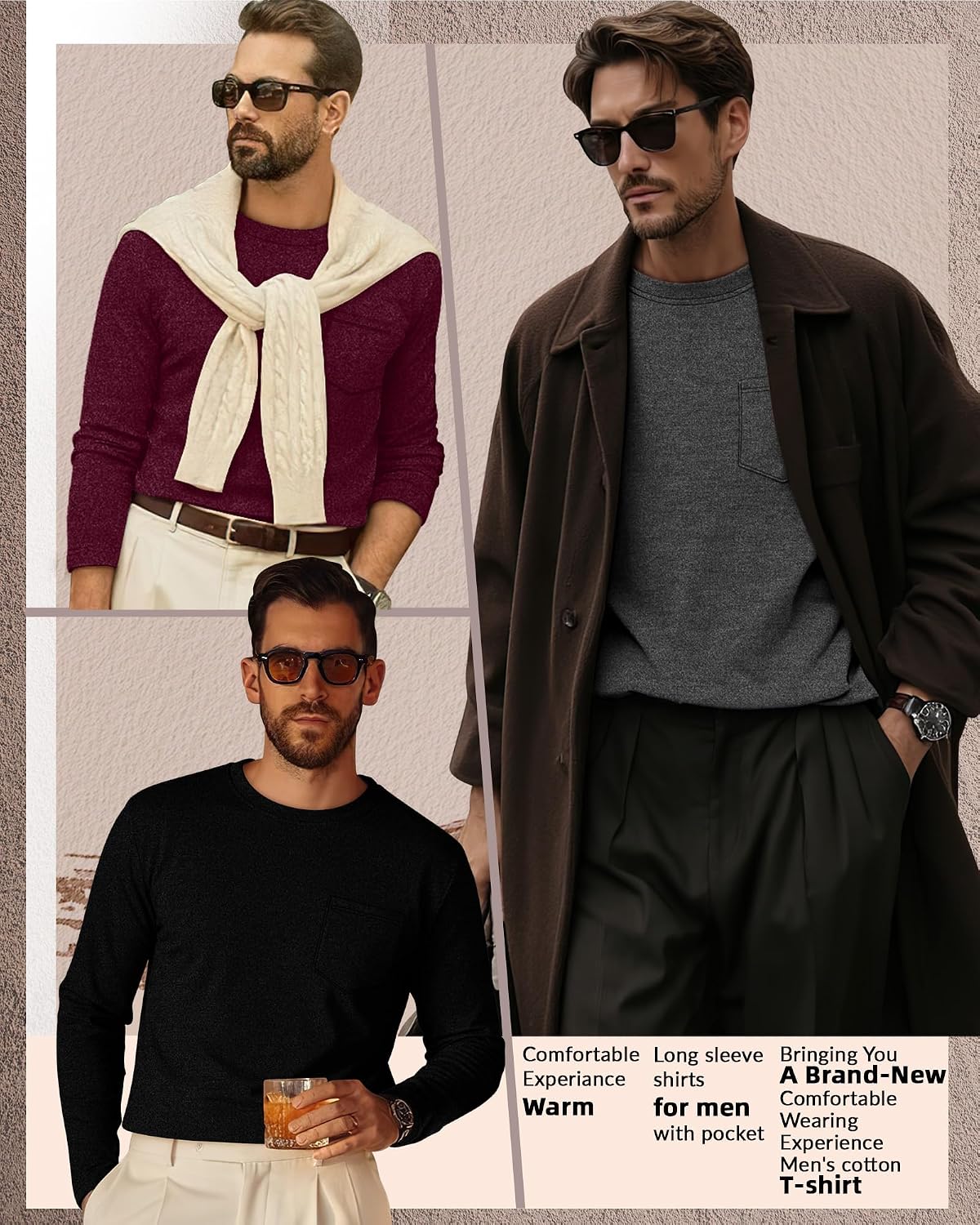 Neer 3 Pack Men's Big and Tall Thermal Shirt Fleece Lined Loose Fit Underwear Tops Casual Crew Neck Lightweight Base Layer