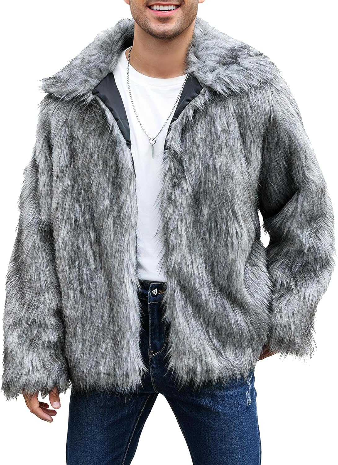 Eisctnd Men's Faux Fur Coat, Warm Fluffy Fuzzy Fleece Jacket with Lapel Collar for Winter Fashion Trench Outerwear