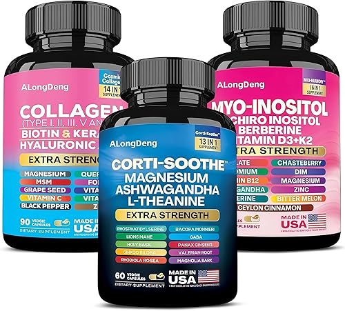 ALongDeng She Shines Set - Suplemento todo en uno para mujer con Corti-Soothe, Myo-Inositol, colágeno e ingredientes extra fuertes