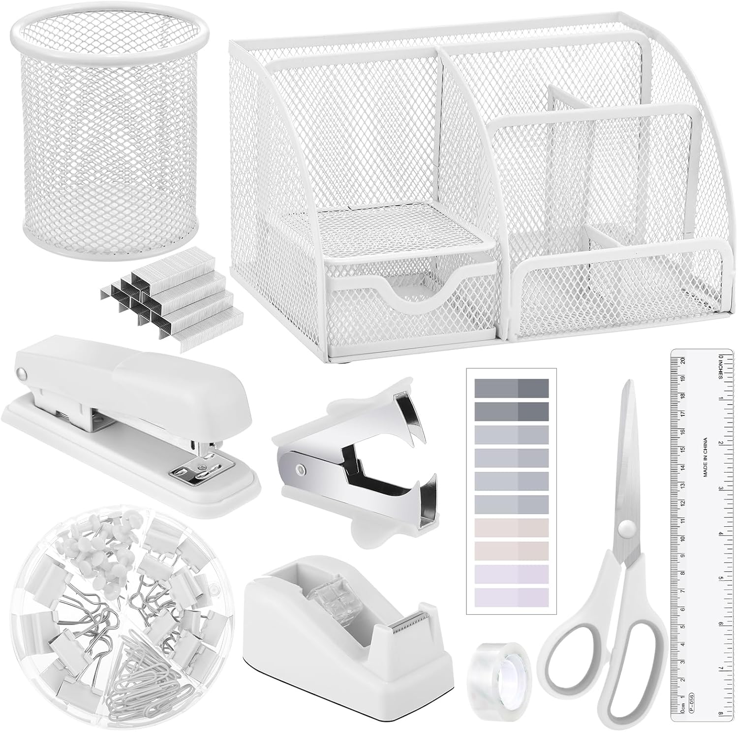 11 in 1 White Desk Organizers and Accessories, White Office Supplies White Desk Accessories Include White Stapler and Tape Dispenser Set Pen Holder Staple Remover Clips Ruler Scissors Tapes Tabs