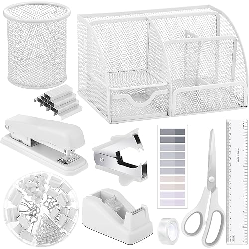 11 in 1 Desk Organizers and Accessories - White Office Supplies - Includes White Stapler, Tape Dispenser, Pen Holder, Staple Remover, Clips, Ruler, Scissors, Tapes, Tabs