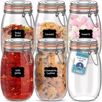 HEFTMAN Clip Top Glass Jars Set of 6-1 Litre Airtight Glass Jars with Lids & Silicone Seal for Pasta, Sourdough Starter, Chutney, Pickling, Kitchen Organisation - Empty Food Storage Jar Set 6 Pack