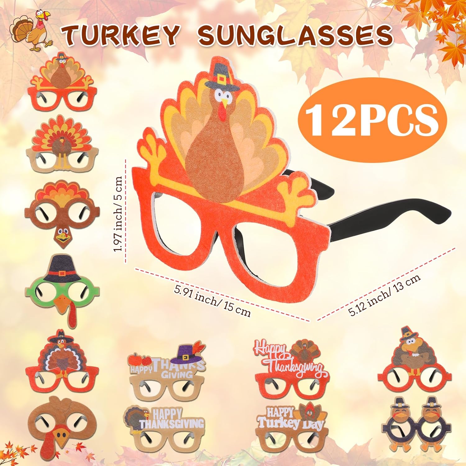 Hotop 24 Pcs Thanksgiving Turkey Headbands and Turkey Glasses Soft Felt Cloth Material Holiday Glasses and Headwears for Thanksgiving Autumn Party Favors