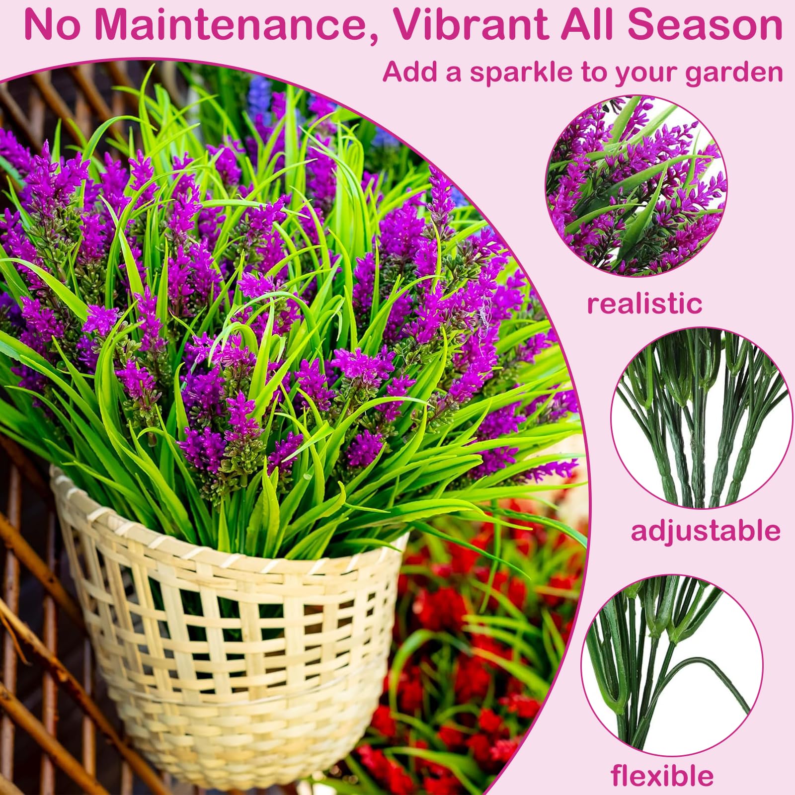 24 stuks kunstbloemen buiten nep lavendel bloemen kunstplanten groen voor buiten UV-bestendig madeliefje pioen lavendel decor lente bloemen voor tuin veranda raamdoos (lavendelstijl