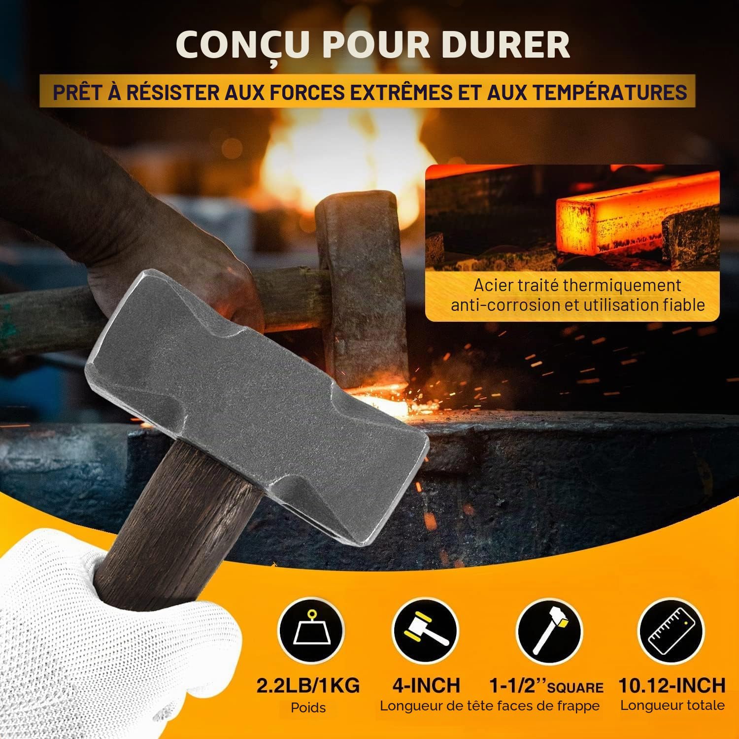 Marteau carré de forge de 2,2 lb avec double surface de frappe - Parfait pour les couteaux à enclume forgeron forgeron