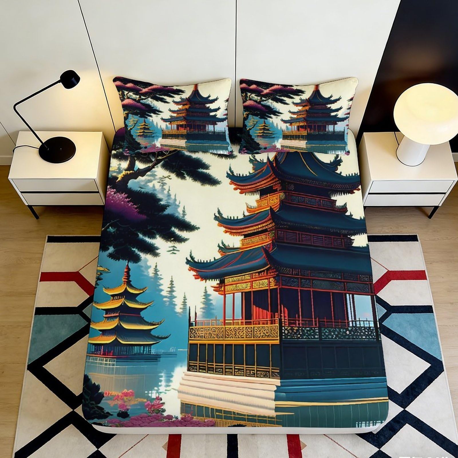 3D Printed Oriental Pagoda Fitted Sheet Microfiber Soft Breathable Asian Landscape Mattress Cover for Bedroom Dorm Decor 90x200x25cm