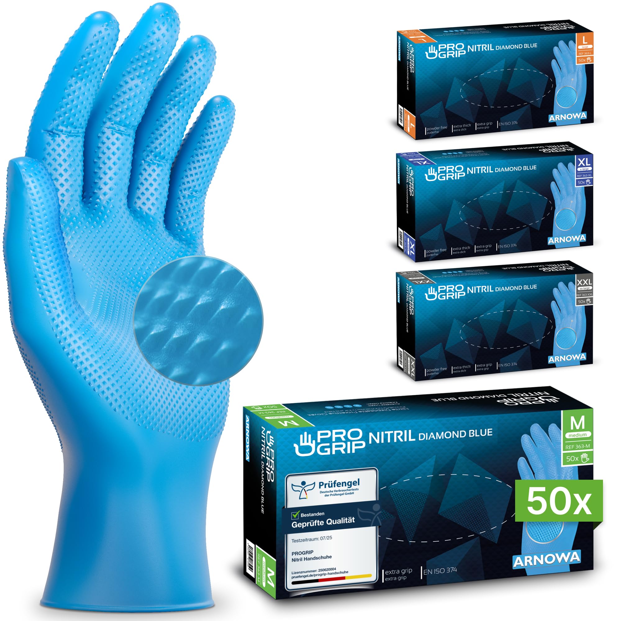 PROGRIP Einweghandschuhe Diamant Grip, Blau, Einmalhandschuhe Extra Stark, Nitrilhandschuhe Gr. M, 2x dicker, Handschuhe Einweg, Arbeitshandschuhe für Werkstatt & Montage, 1000 Stück (20x50 Stk)