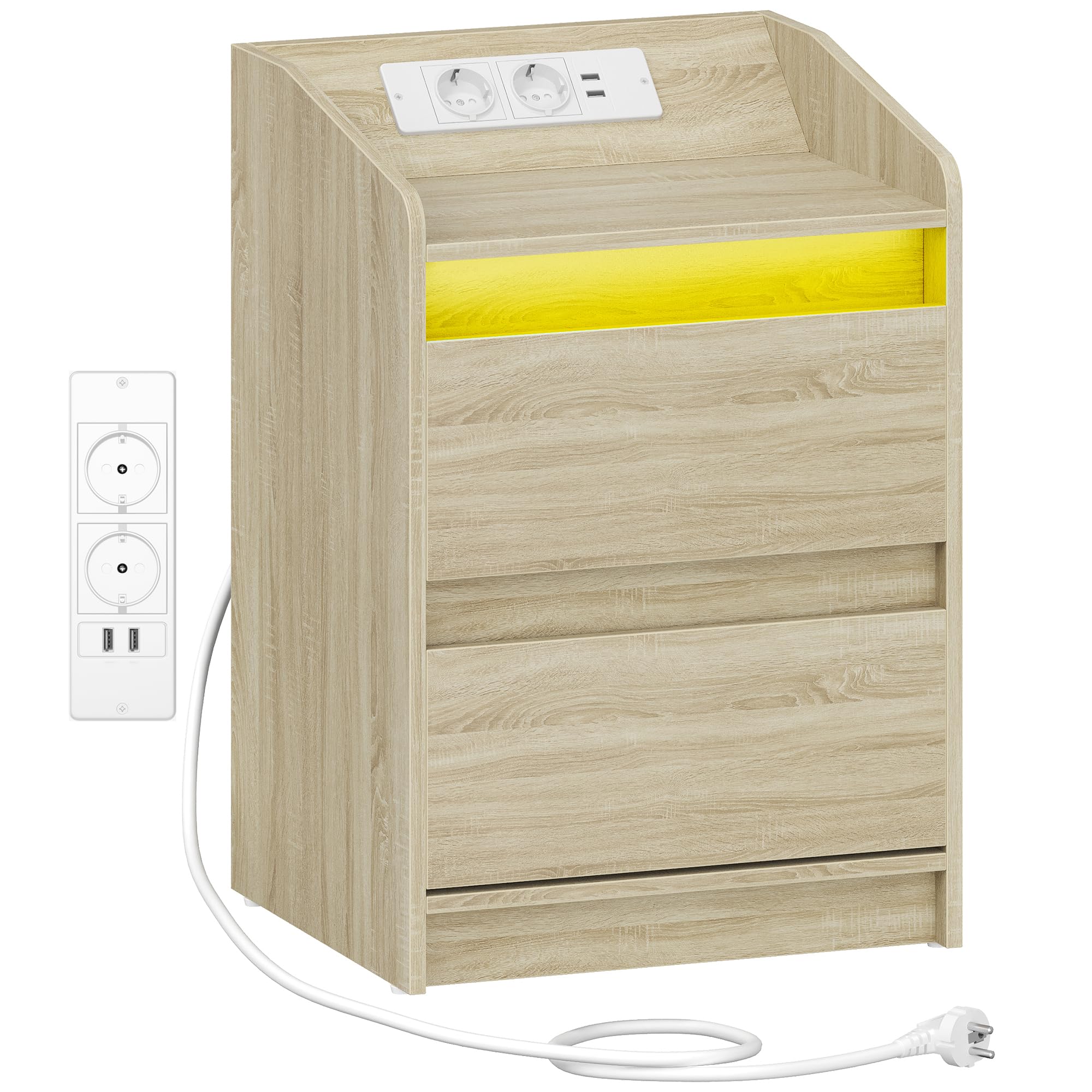 Hzuaneri Nachtkastjes met ledverlichting, laadstation en 2 laden, bijzettafel met USB-poorten en stopcontacten, stijlvol en veelzijdig, voor woonkamer en slaapkamer, eiken NS30016X