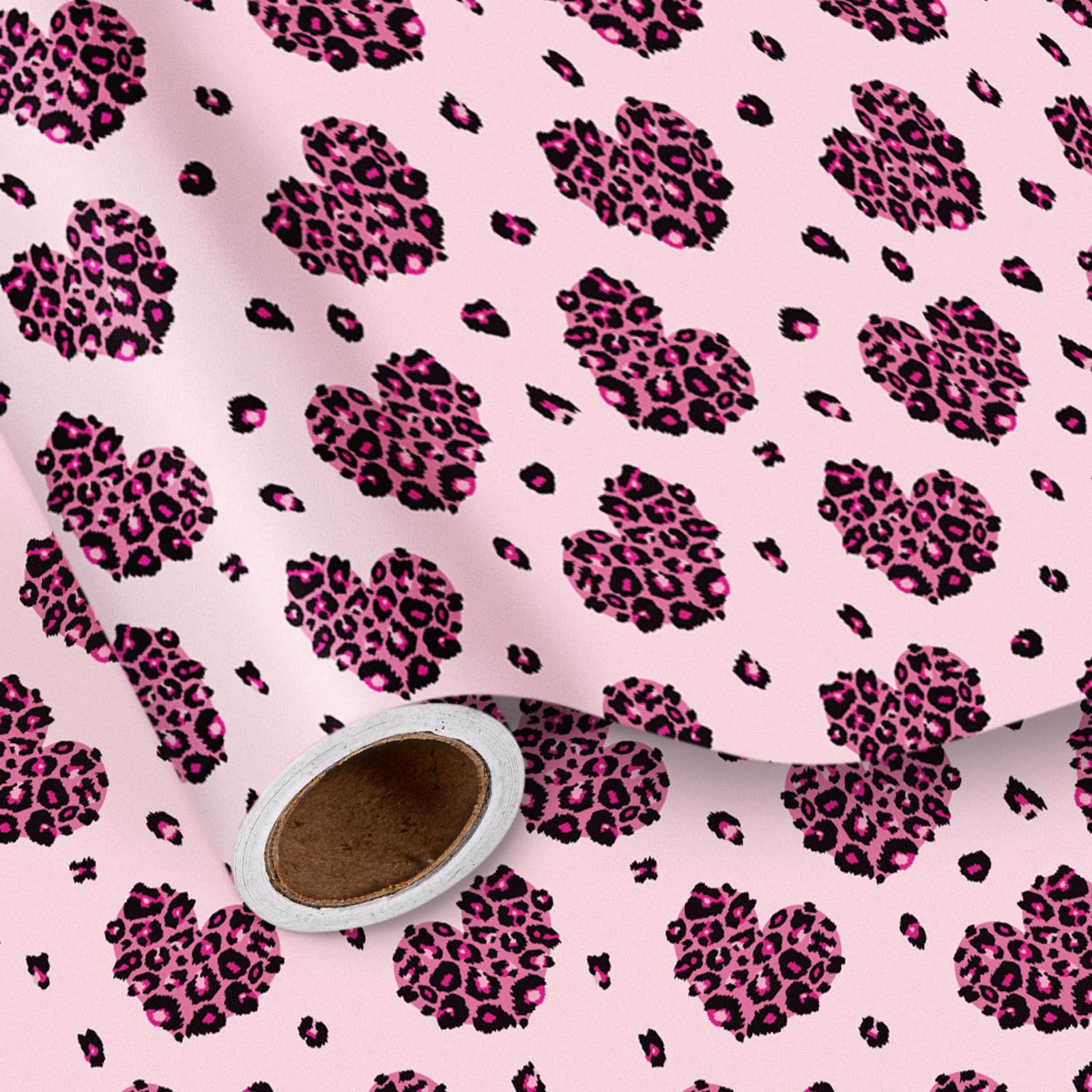 LeZakaa Valentines Wrapping Paper Roll, Pink Leopard Heart Pattern Design, Trendy Romantic Gift Wrap for Her Girlfriend Wife, Mini Roll 17 Inches x 16.4 Feet
