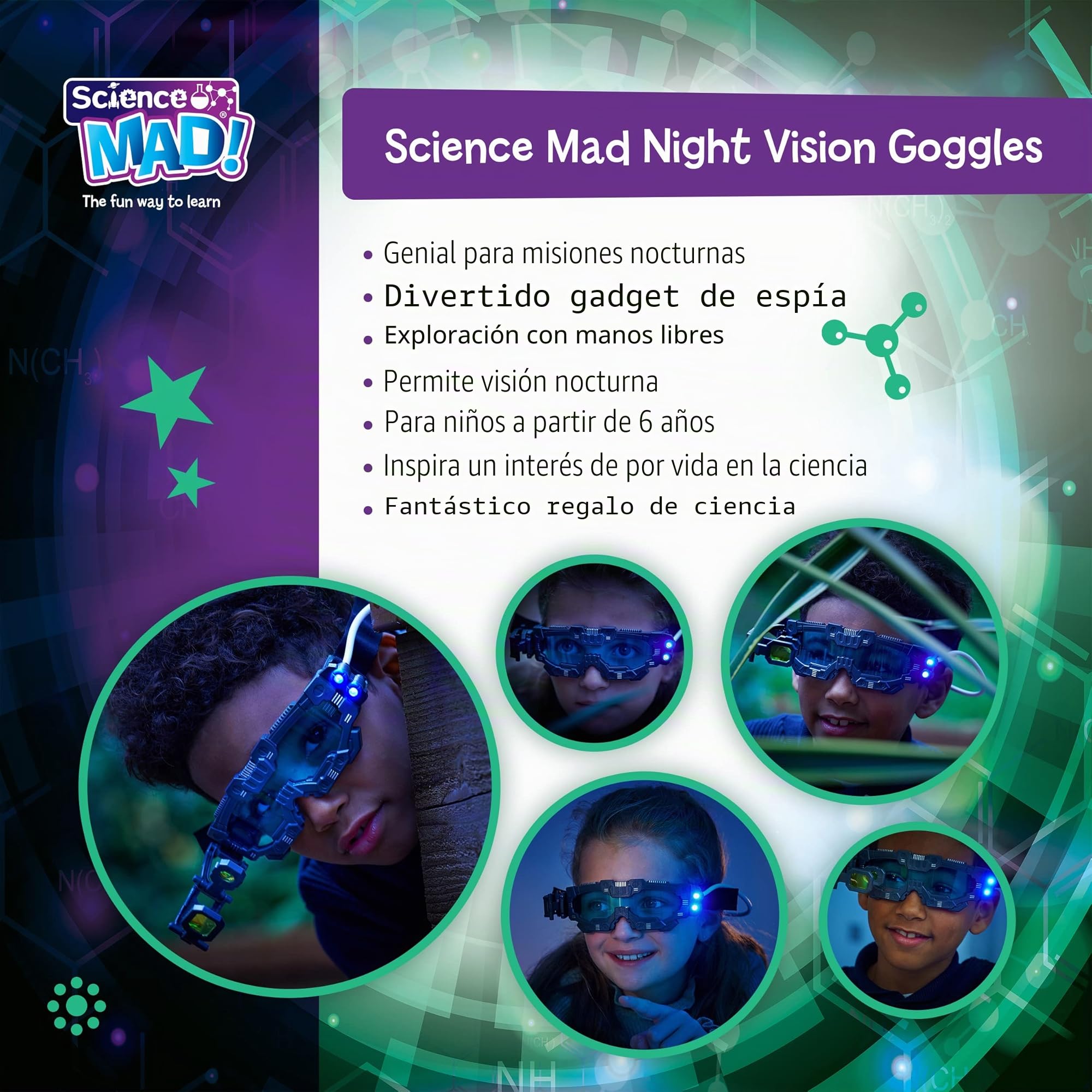 Science Mad! Gafas de visión Nocturna para niños, para misiones nocturnas Divertidas, Ligeras, abatibles, Aumento 2X, Haces LED Dobles, Lentes Azules, más de 6 años, 20 x 10 x 5,5 cm (SM55), Color