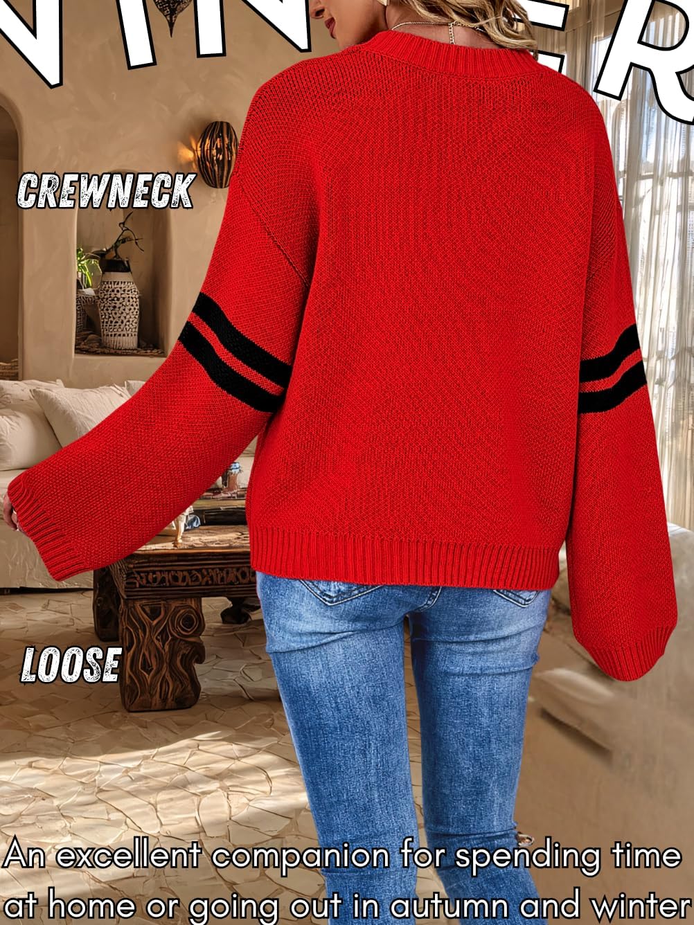 Kaei&Shi Women Cute Heart Sweater,Pattern Pullover Sweaters Sweatshirt,Striped Sleeve Loose Fit Valentines Top Clothes - Image 5