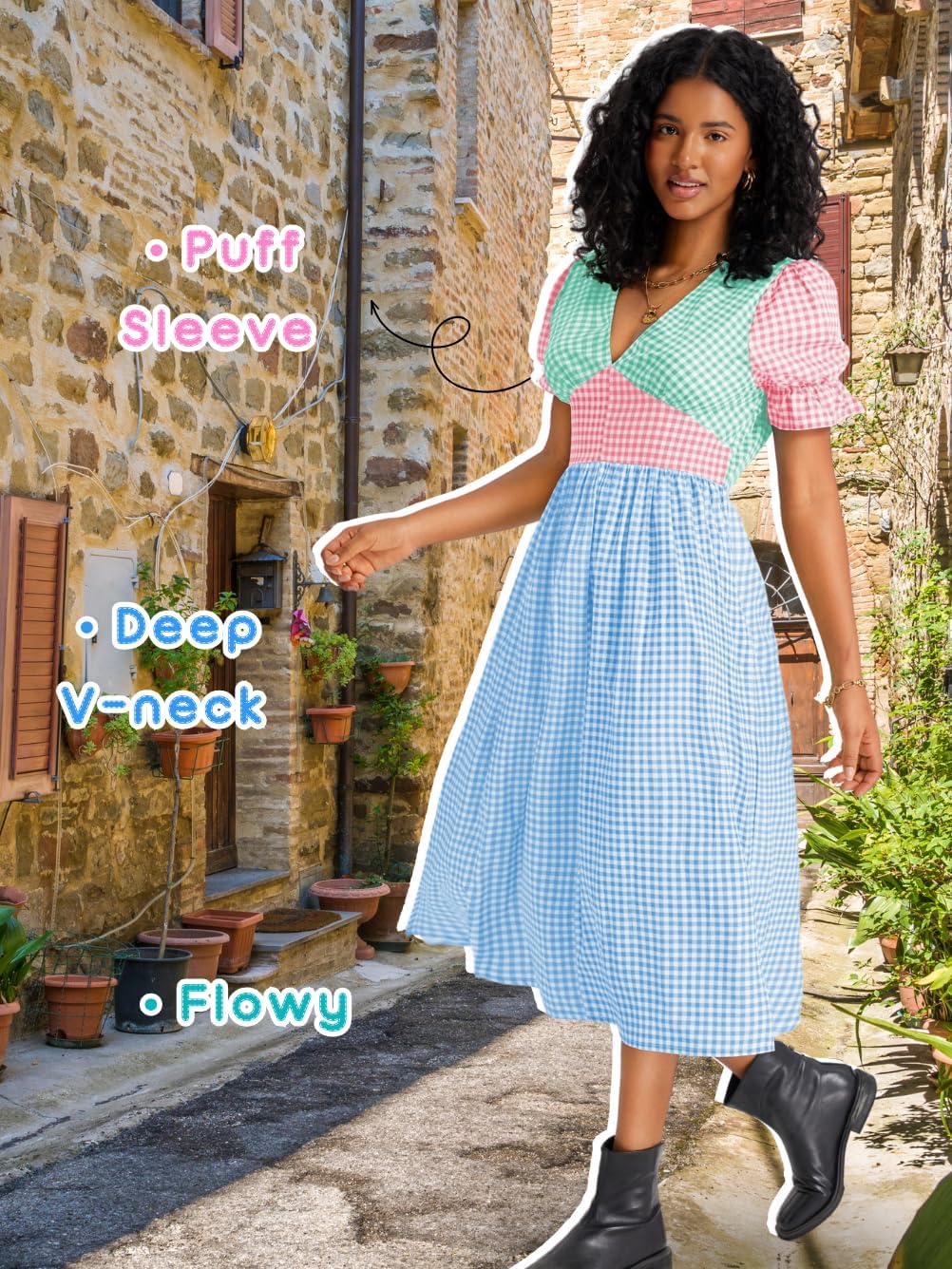 Kaei&Shi Color Block Gingham Dress,V Neck Puff Sleeve Midi Dresses,Cottagecore Vacation Summer Beach Outfits for Women