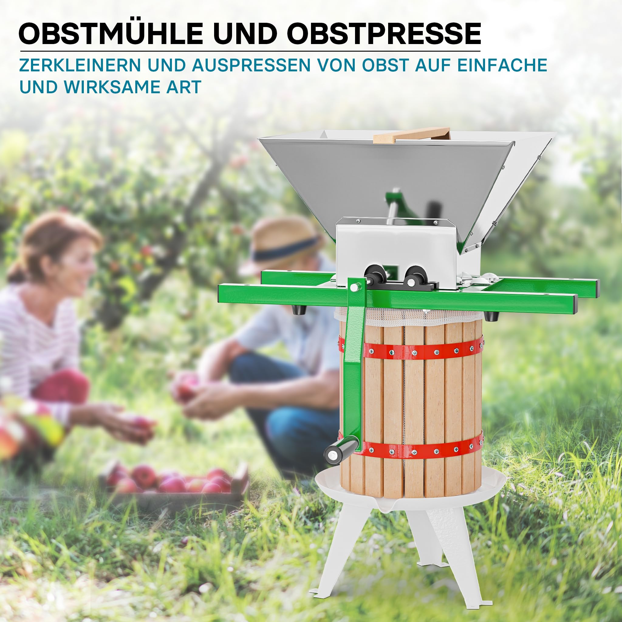 Wiltec Set 18L Obstpresse aus Buchenholz inkl. Presstuch und Obstmühle mit 7L Trichter, Zur Herstellung von Saft Wein und Maische
