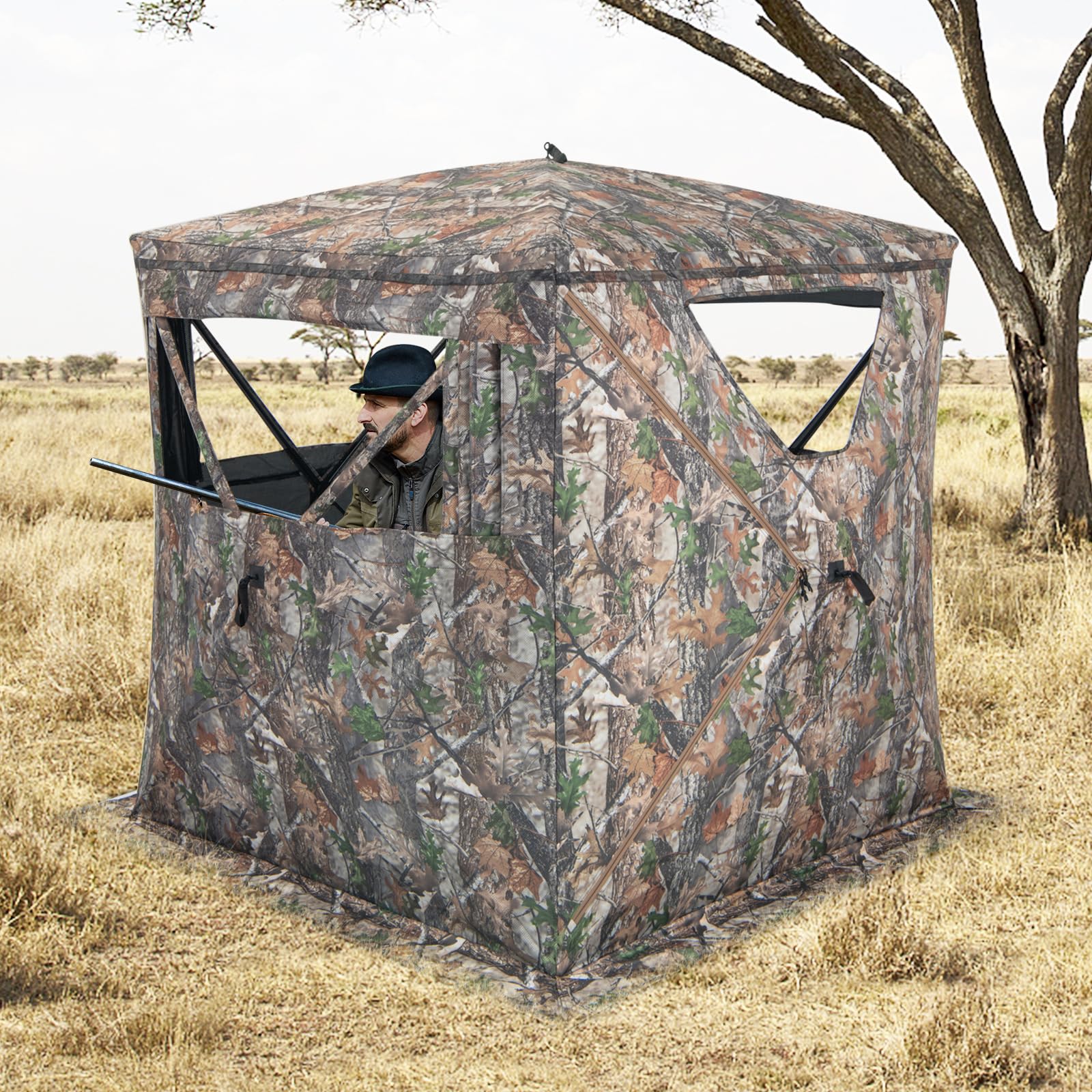 GYMAX Tenda da Caccia, Tenda Portatile e Pieghevole per 2-3 Persone con Vista a 270 Gradi, 8 Robusti Picchetti per Terreni, 4 Corde di Ancoraggio, Sacca Portaoggetti, 147 x 147 x 168 cm