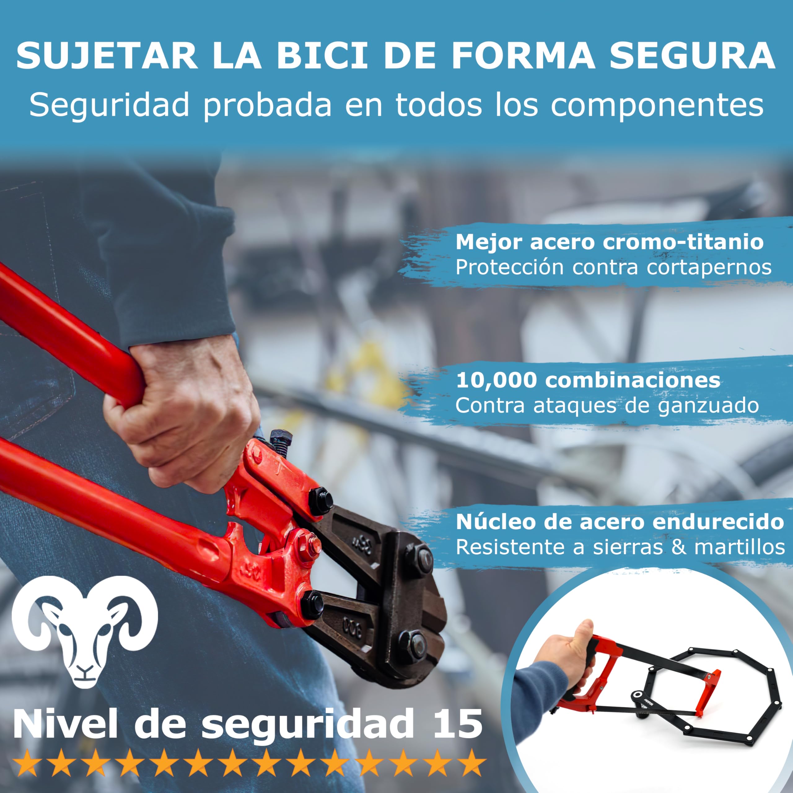 WIDDER 120cm Antirrobo bici extremadamente seguro | Titanio‑Acero nivel 15 | Candado de combinación | Candado plegable bicicleta de 120 cm con soporte | Antirrobo bici eléctrica & e‑scooter con código
