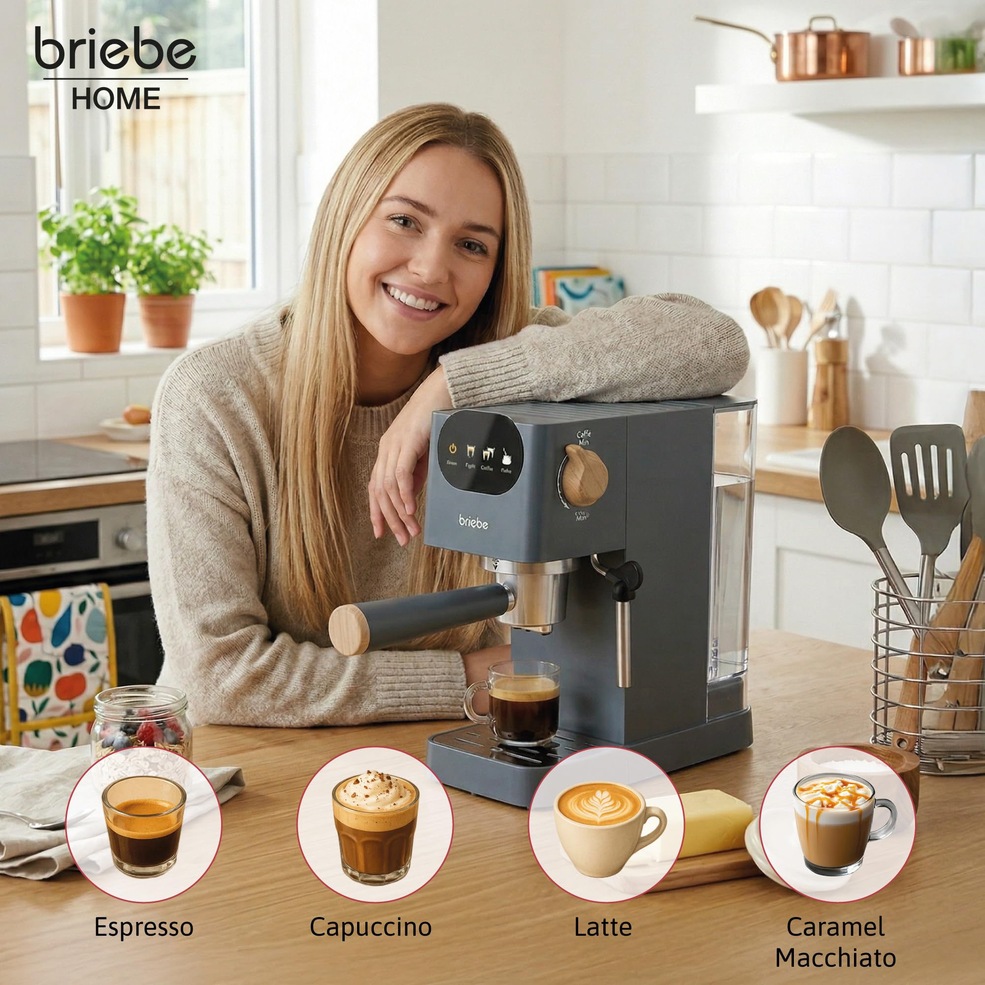briebe Nordic Cafetera Espresso 20 Bares Compatible Cápsulas Nespresso y Café Molido, Máquina Café Semiautomática Profesional 1350W, Espumador Leche, Pantalla Táctil, 1,2L, Diseño Nórdico, Gris - 3